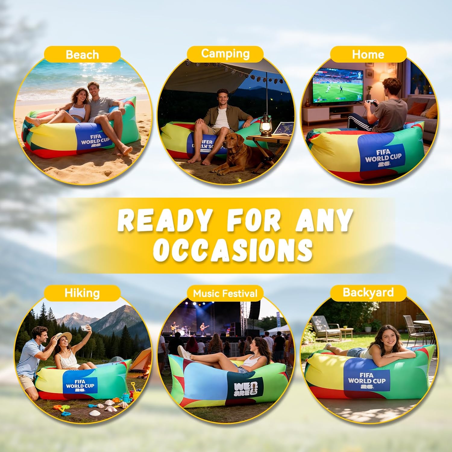 MESUCA FIFA World Cup 2026 Official Edition Inflatable Air Sofa Lounger, No Pump Air Couch for Beach Camping, 450lbs Portable Blow Up Chair, Waterproof 210T Polyester Outdoor Sun Lounge Multicolor