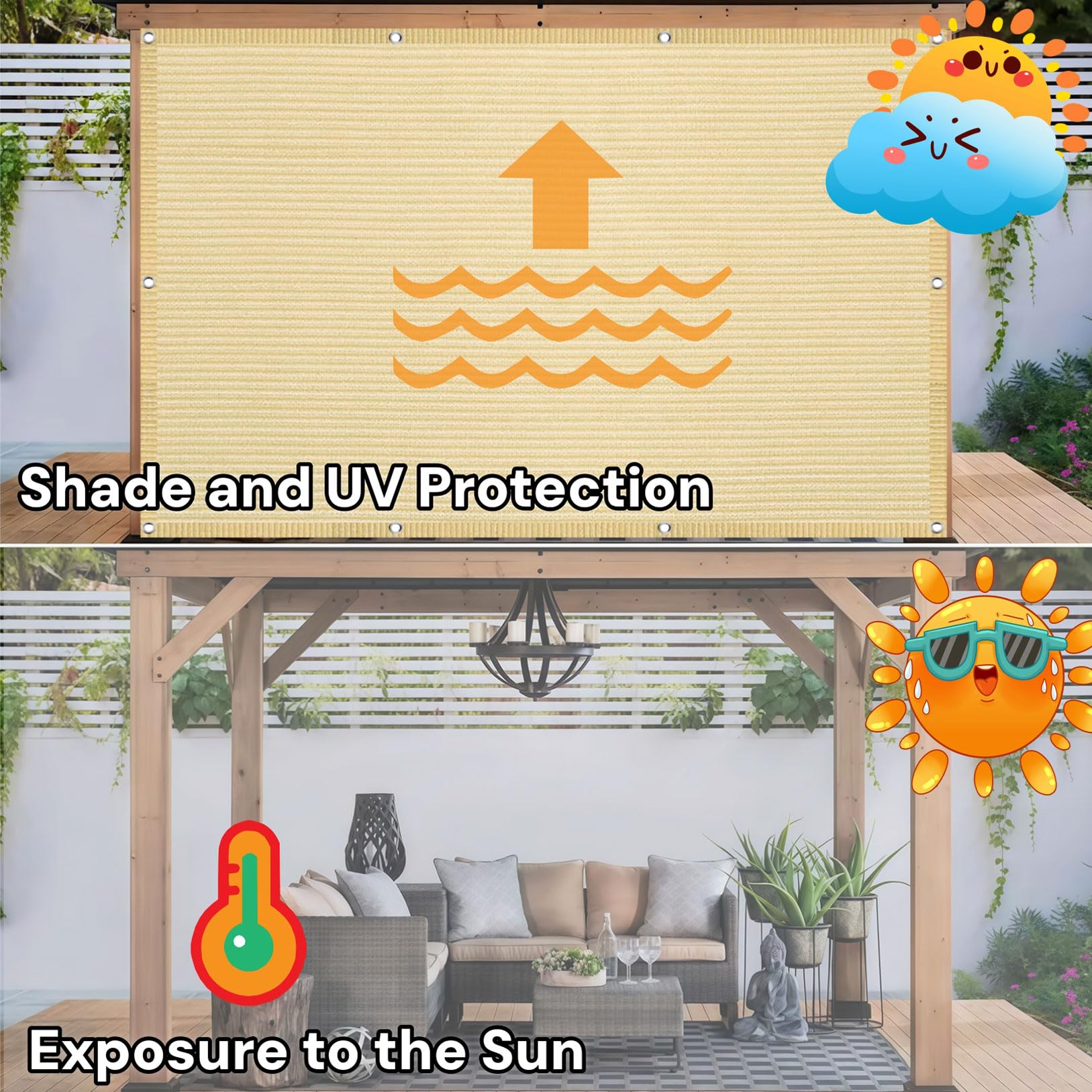 Voile d'ombrage Respirante 350 x 400 cm avec Œillets UV Protection Rectangulaire Toile Ombrage avec Œillets et Corde, Perméable à l'eau pour Patio, Jardin, Pergola, Serre, Couleur Crème