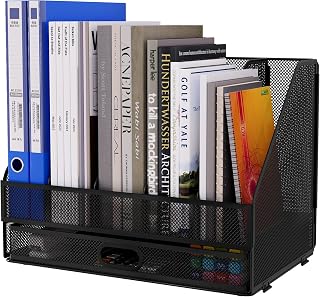 EasyPAG Stojak na Dokumenty A4 5 Przedziały Metal Siatka,Segregator Stojący,Półki na Foldery,Organizer na Biurko,Taca na Czasopisma,Półka na Listy z Szuflada do Domu & Biura,Czarny