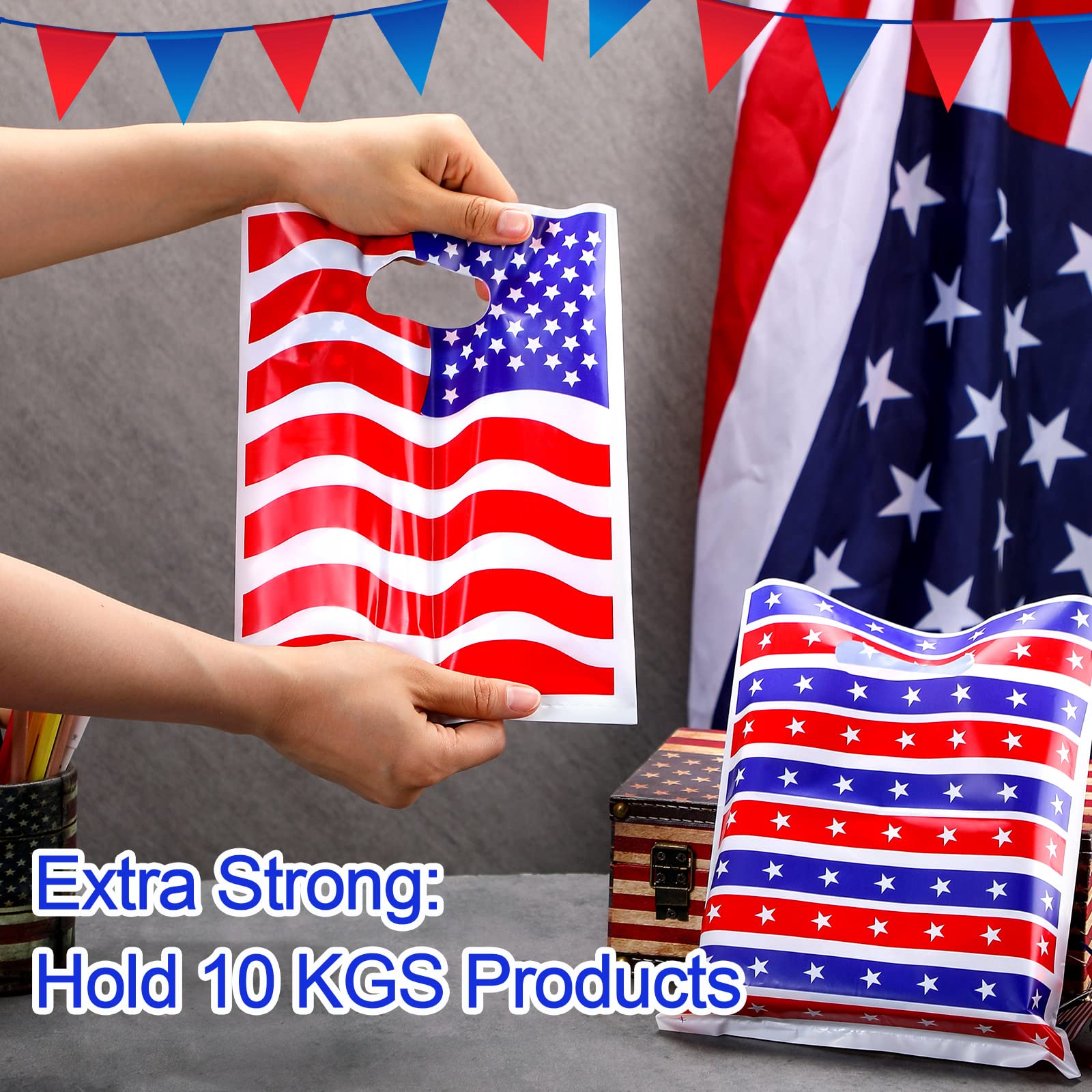 Qeeenar 100 Pcs Patriotic Gift Bags Red White and Blue Goodie Bags Bulk 4th of July Party Favor Bag with Handle Memorial Day USA Flag Merchandise Bag for 250th Anniversary Independence Day, 2 Designs