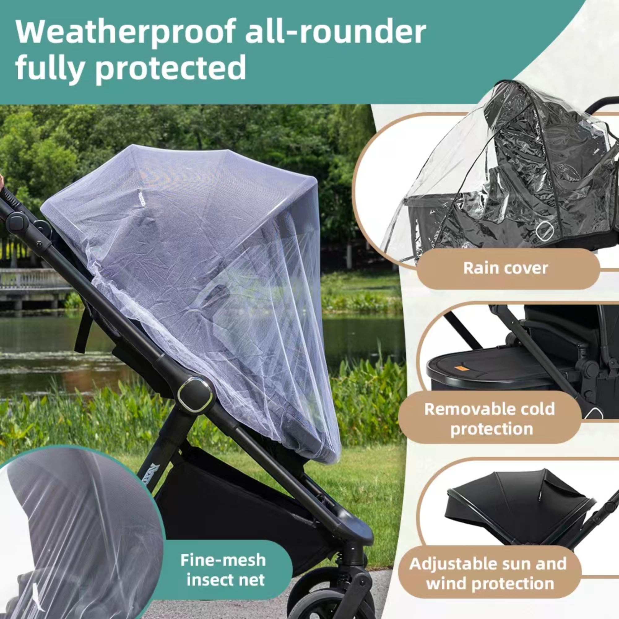 Passeggino trio 3 in 1 con seggiolino auto i-Size Pieghevole, sedile reclinabile, marcia bidirezionale, cinture a 5 punti, portata 0-25 kg, 0-4 anni (Verde)
