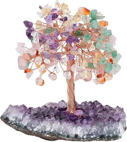 Yatming - Árbol colorido de piedra curativa con base de racimo de geoda de amatista natural, decoración de árbol bonsái de Feng Shui para riqueza disponible en Yaxa Venezuela
