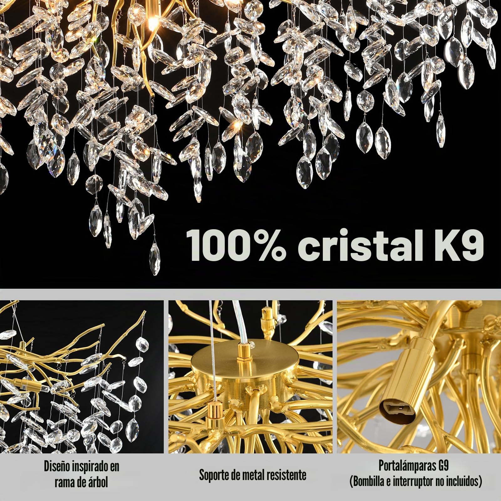 AHXIAOZN Lámpara de Araña Moderna de Cristal, Dorado Lámpara Colgante Oval de Cristal, K9 Cristal colgante de iluminación para sala de estar, comedor, dormitorio, restaurante, Dorado, 60cm