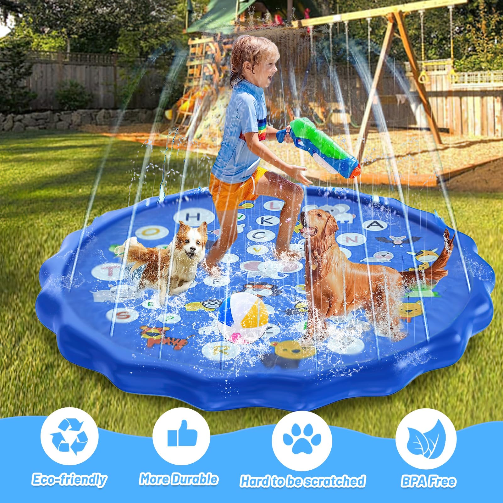 Tappetino Irrigatore per Cani, SilverChry 170cm Splash Sprinkler Pad, Tappetino Gioco d'Acqua Bambini, Giochi d Acqua pa Giardino Cani, Tappetino Irrigatore Antiscivolo per Bambini e Cani (lettera)