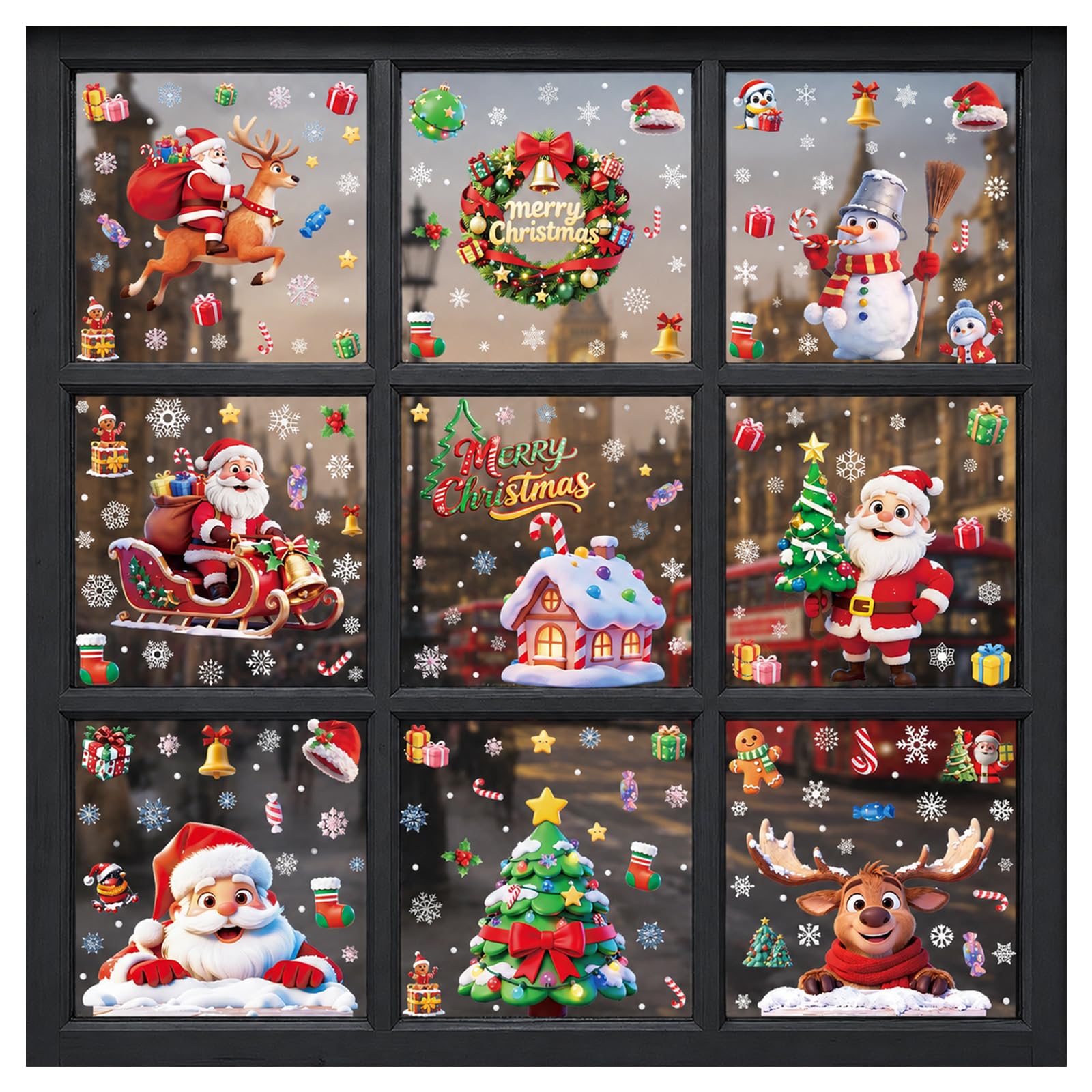 Christmas Window Stickers, 9 Sheets Xmas Window Stickers with Santa Snowman Snowflake, Reusable Double-Side Christmas Window Clings Glass for Christmas Decorations Home Party