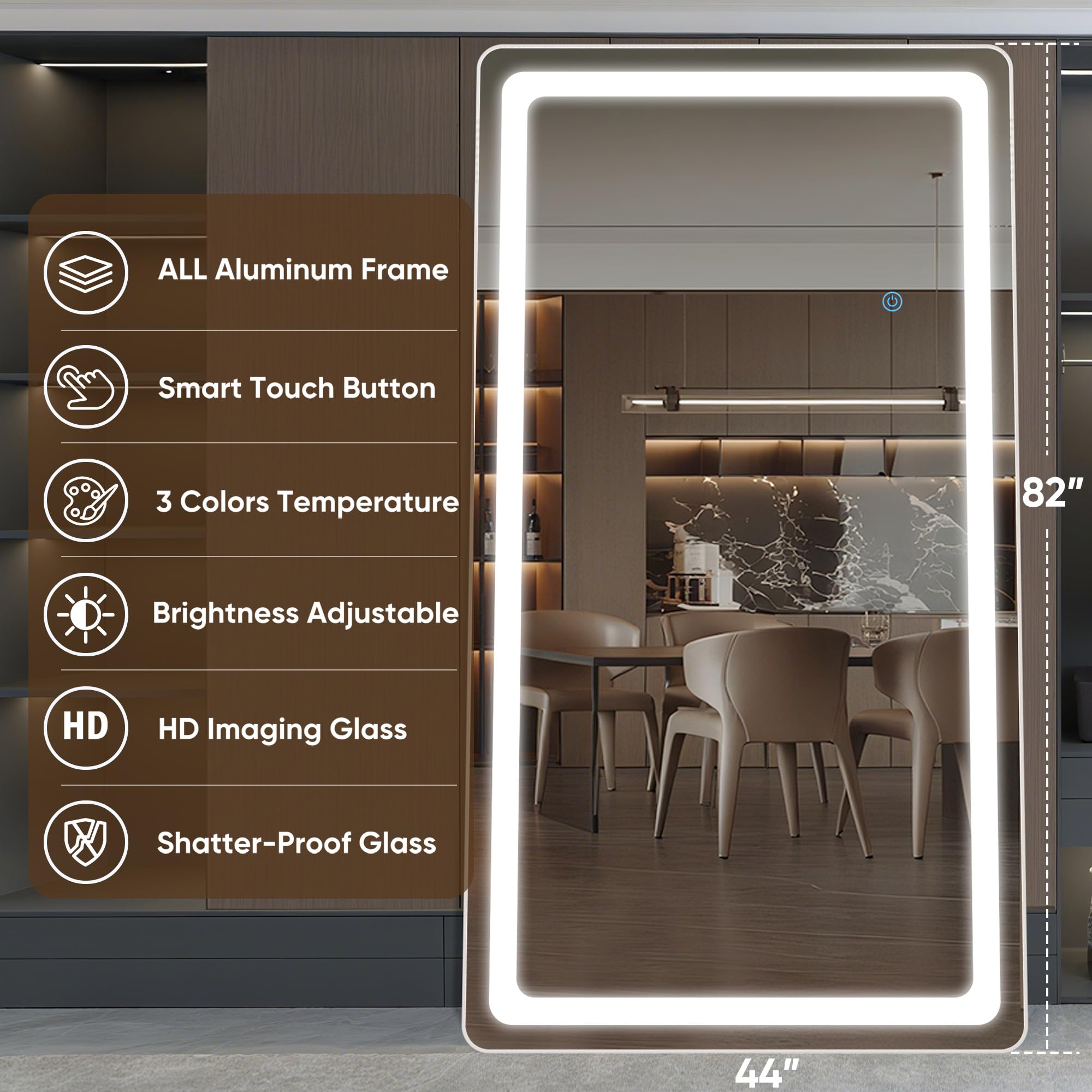 Antok LED Full Length Mirror with Light, 71"x28" Lighted Full Body Mirror with Stand, Dimmable & 3 Color Lighting Standing/Leaning/Wall Mounted Vanity Mirror for Bedroom Cloakroom Livingroom(Rect): 82"L x 44"W Rect Style White