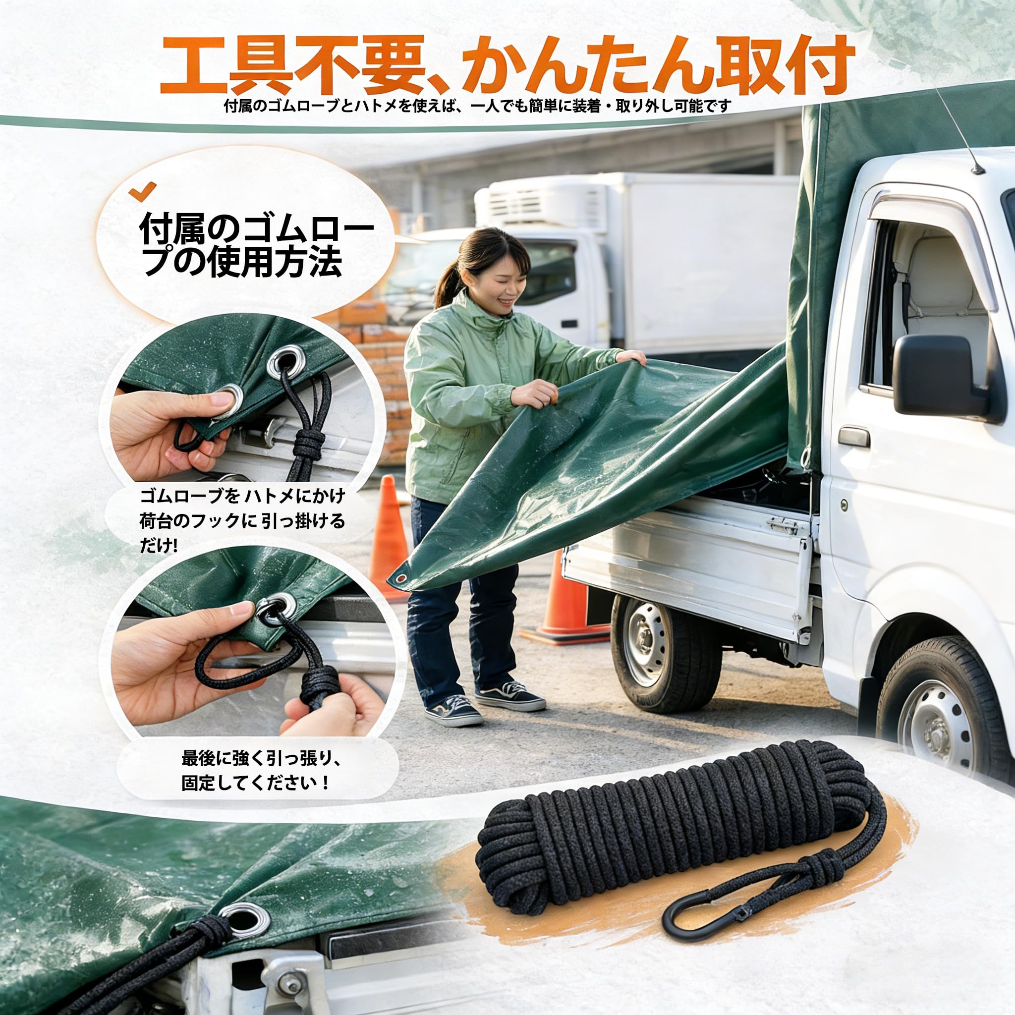 kilogorge 軽トラック シート 防水 軽トラ荷台シート 1t 1.5t 2t 対応 サイズ約1.9m×2.1m エステル帆布PVC キャンプ 樹脂防水加工 耐候性 UVカット 四隅加固 ナイロンロープ付き 平張りタイプ 日常用 かんたん取付 グリーン 使用寿命は約5年