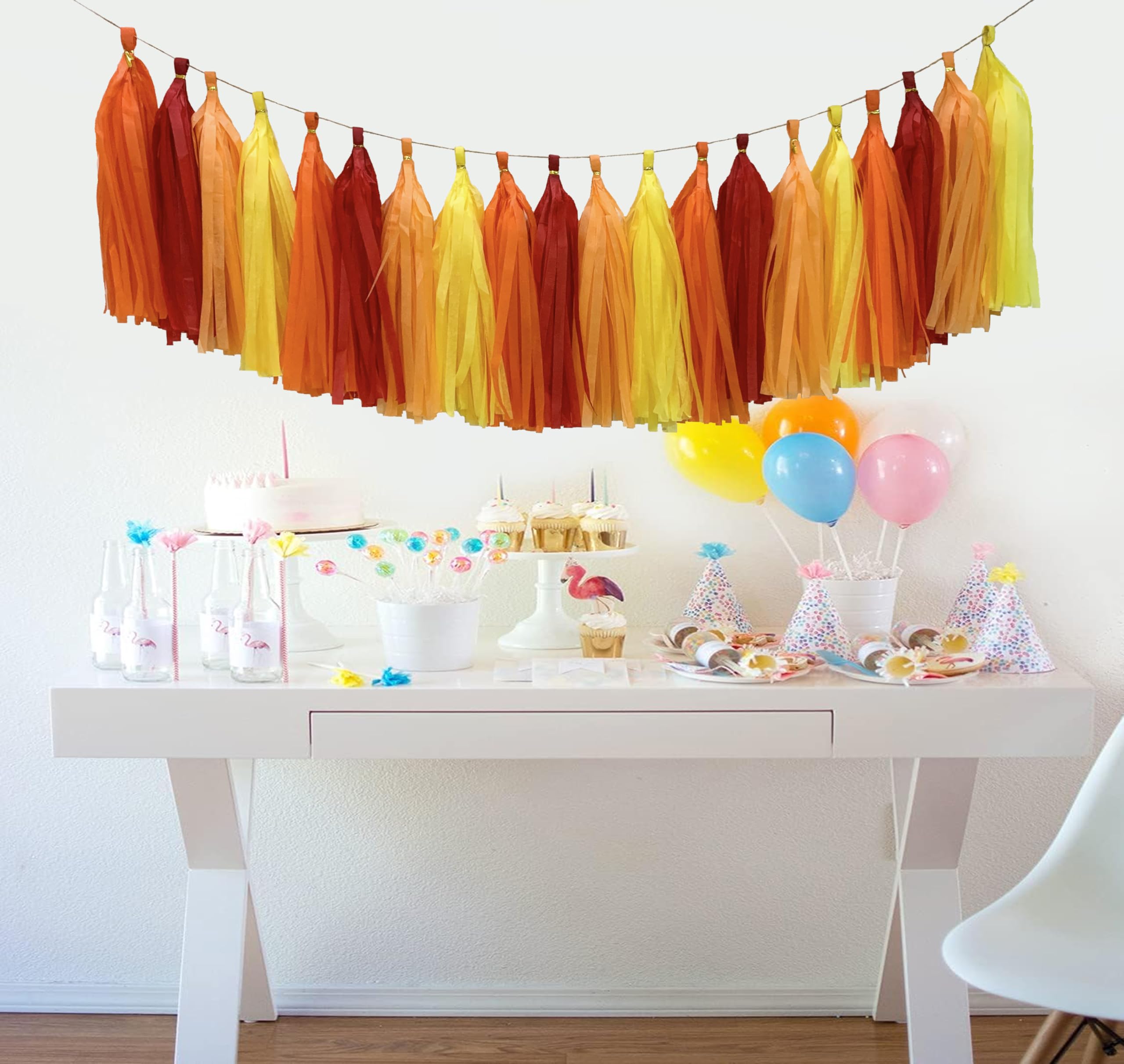 Guirnalda de borlas de papel de seda rojo, naranja y amarillo, pancarta de borla de papel para decoración de fiestas, paquete de 20