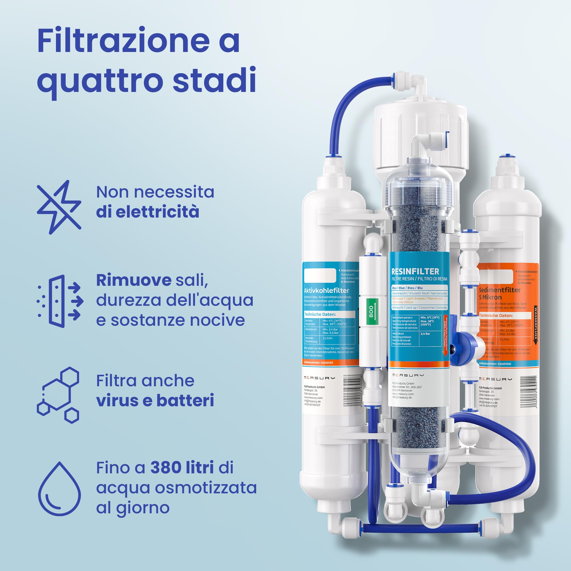 Measury Sistema osmosi acquario 380 L al giorno + filtro a resina da 630 ml | Osmosi inversa Filtro - Impianto osmosi inversa per acqua pura
