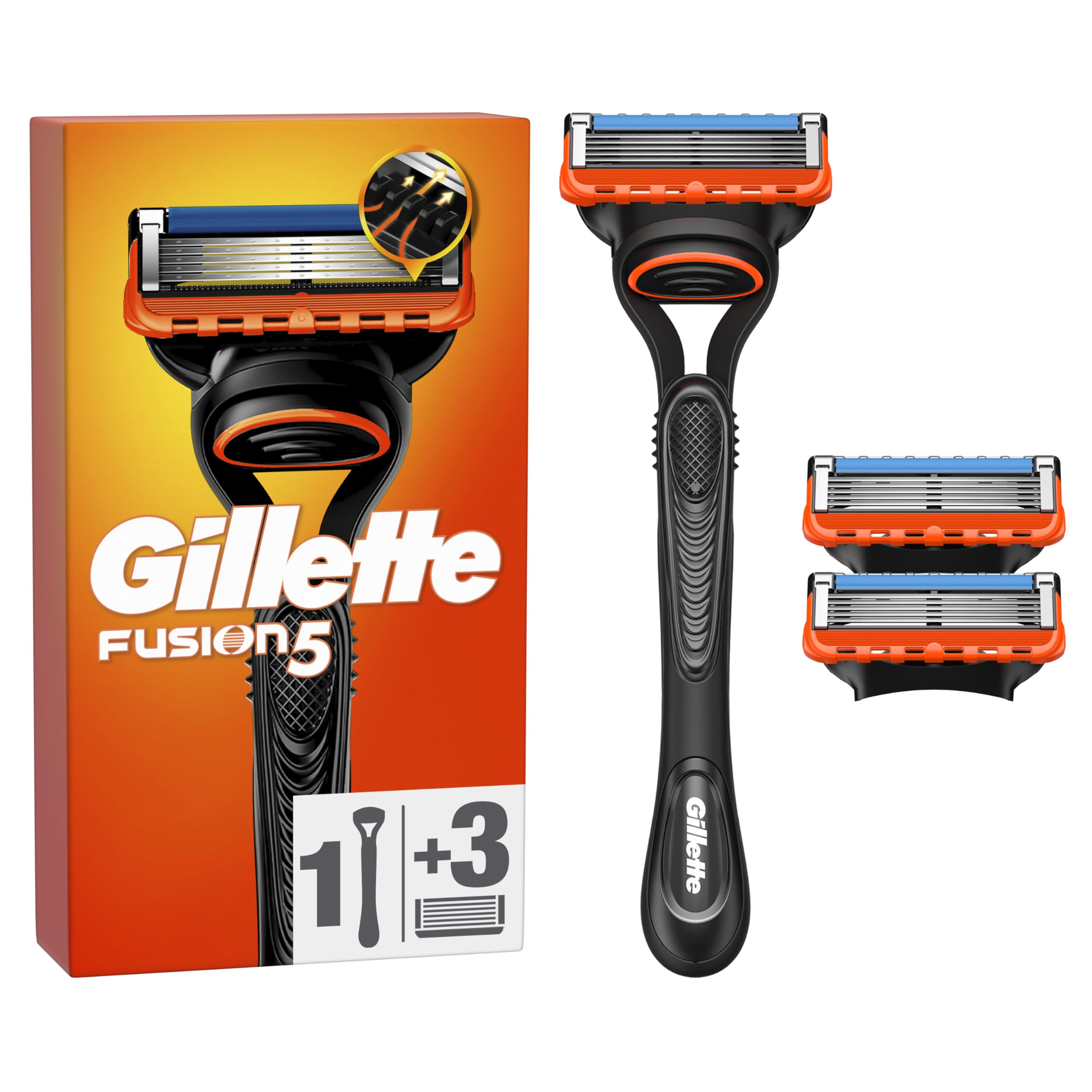Gillette Fusion5 Maquinilla de Afeitar para Hombre, 1 Maquinilla de Afeitar + 3 Recambios, con Banda de Gel Lubricante para Un Deslizamiento Suave Y Hojas 5 para Un Afeitado Apurado Duradero