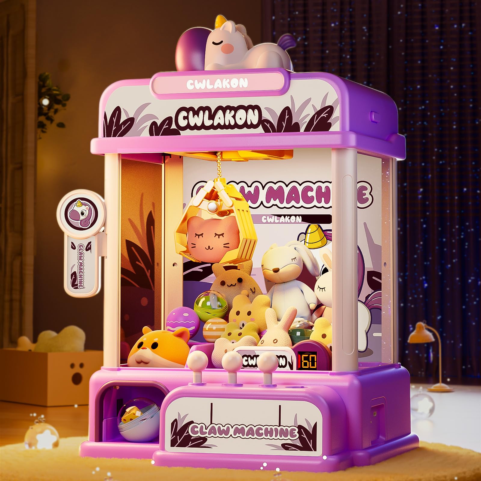 CWLAKON Claw Machine for Kids, Mini Vending Machine Unicorns Toys with Sound for Girls Age 3+, Candy Grabber Prize Dispenser Machine Arcade Games with Mini Plush Toys, Christmas Birthday Gifts