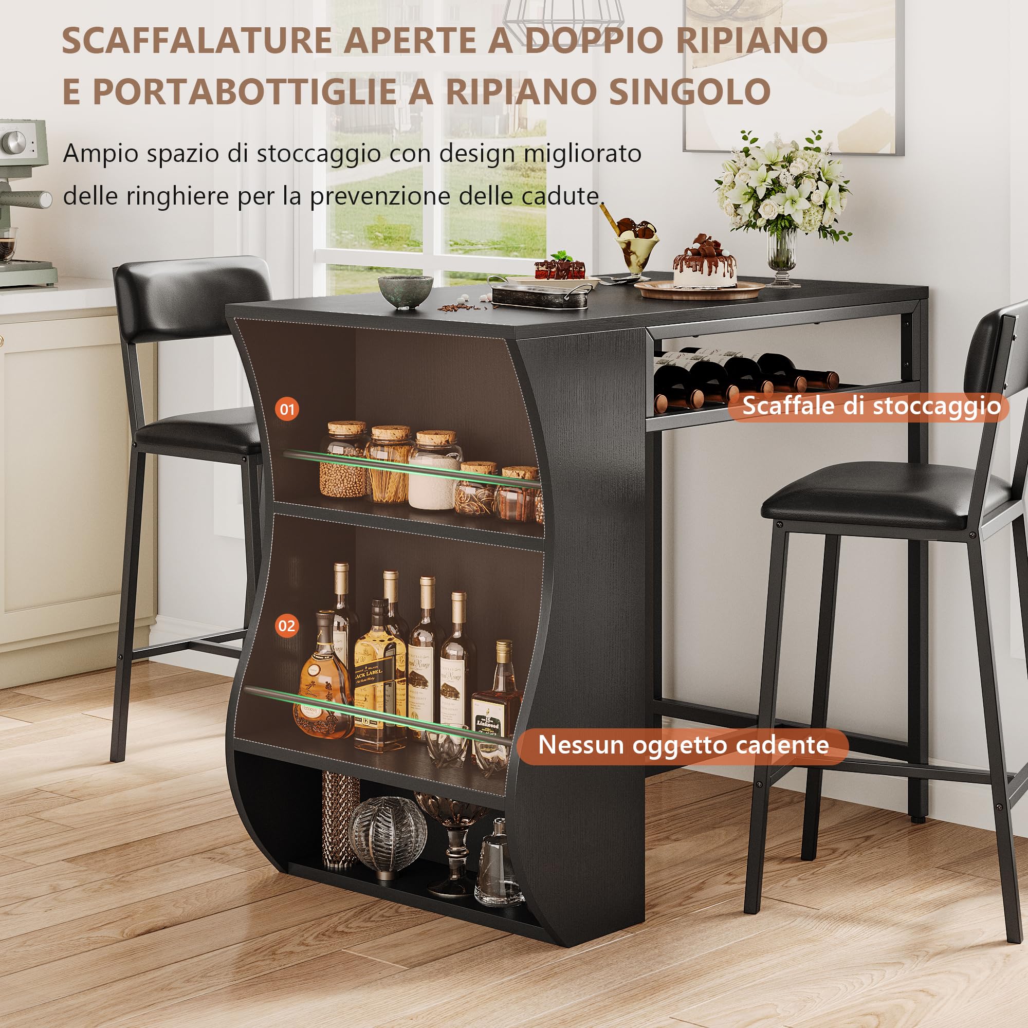 FEONASE Set da 3 pezzi con tavolo da bar e sgabelli con 2 ripiani portaoggetti e portabottiglie per vino, set da cucina Moden con tavolo da pranzo piccolo e sedie, per piccoli spazi, struttura in