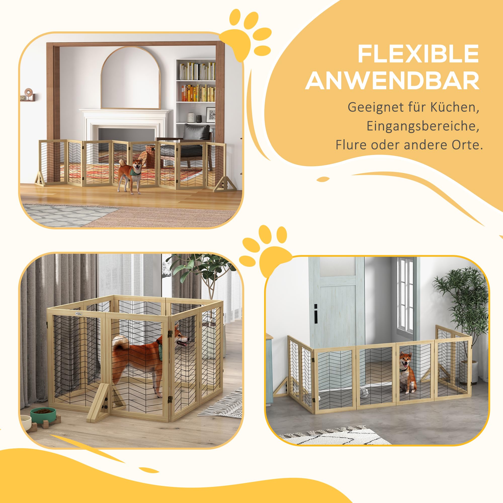 PawHut Hunde Absperrgitter aus Holz Türschutzgitter Natur 375 x 44 x 70 cm | Klappbares Hundegitter mit 8 Platten, Hundeabsperrgitter, Treppenschutzgitter, Kamingitter für Ofen