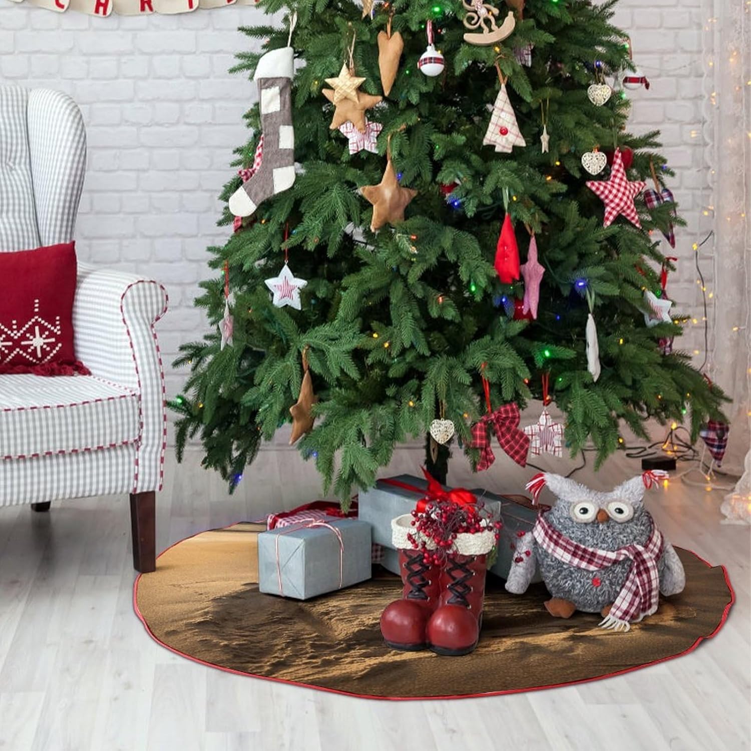 Christmas Tree Skirt,for Xmas Tree Holiday Party Decorations Hearts Drawn on The Beach Printed Christmas Tree Mat Red Lace-up Christmas Tree Dress
