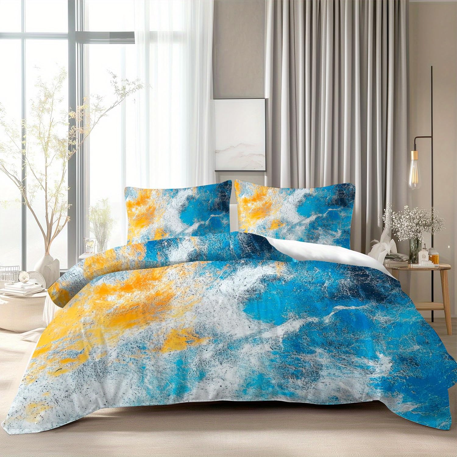 Housse de couette haut de gamme bleu et jaune à motif vague abstrait