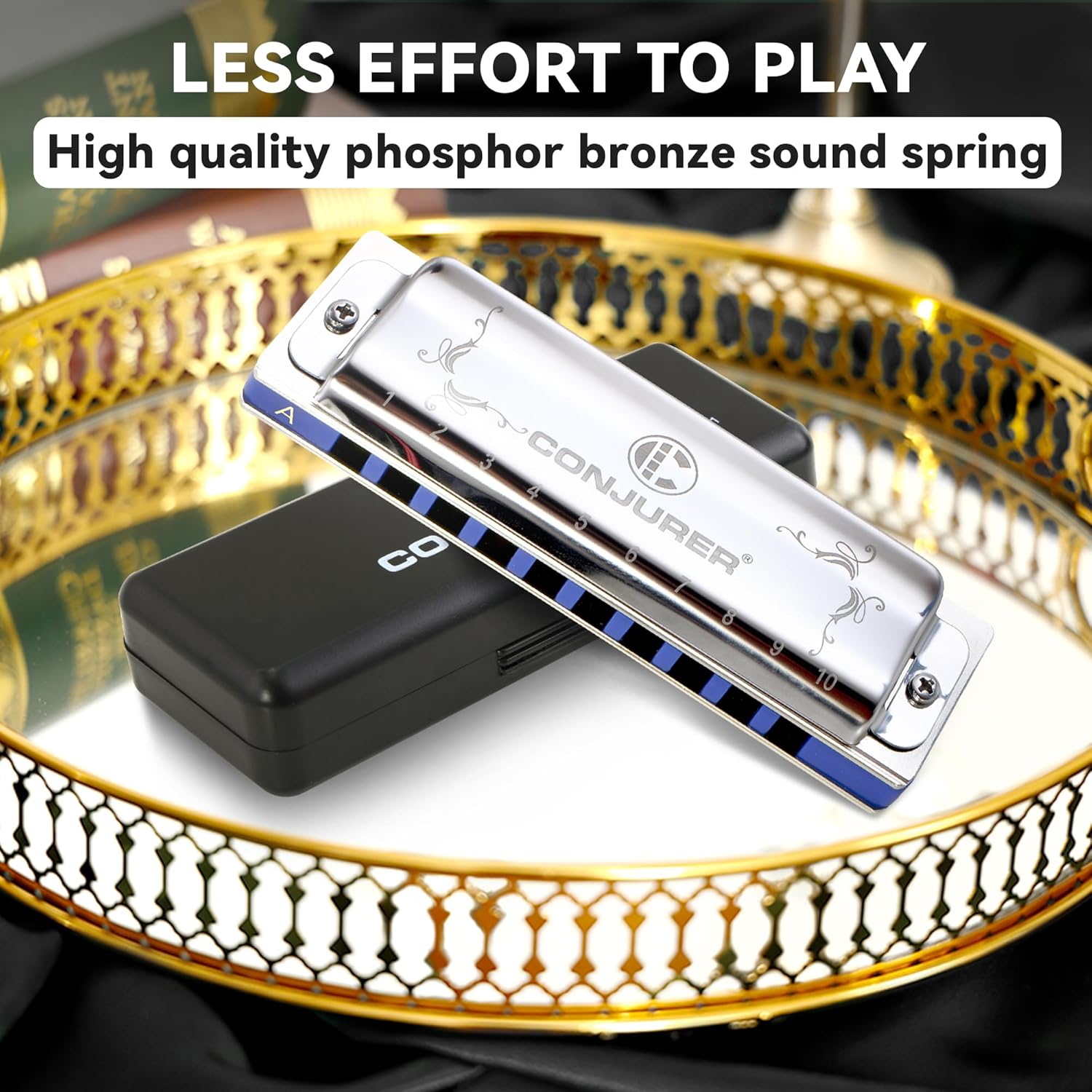 CONJURER Blues Harmonica for Adult Beginners 10 Hole Diatonic Harmonica in A Key Phosphor Bronze Sound Spring Mouth Organ with Case, Key of A Stainless Steel Silver