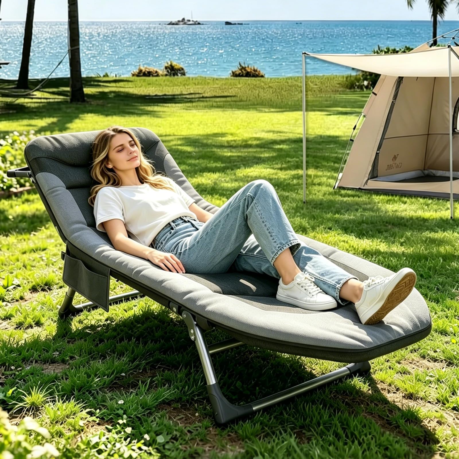Campingliege Faltbar Leicht, Feldbett mit Matratze, Camping Bett 5-Fach Verstellbar, mit Kopfkissen, Angelliege, Camping Liege für Indoor, Outdoor, Strand und Garten