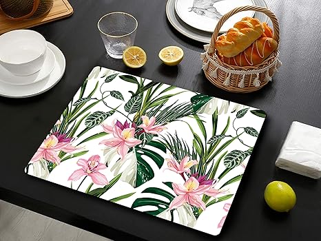 Space of Joy Pink Bloom Design Premium Printed MDF Wooden Dining Table mats, Heat/Water Resistant Rectangle Shape Placemats for Dining Kitchen Indoor Outdoor Set of 6 Pieces