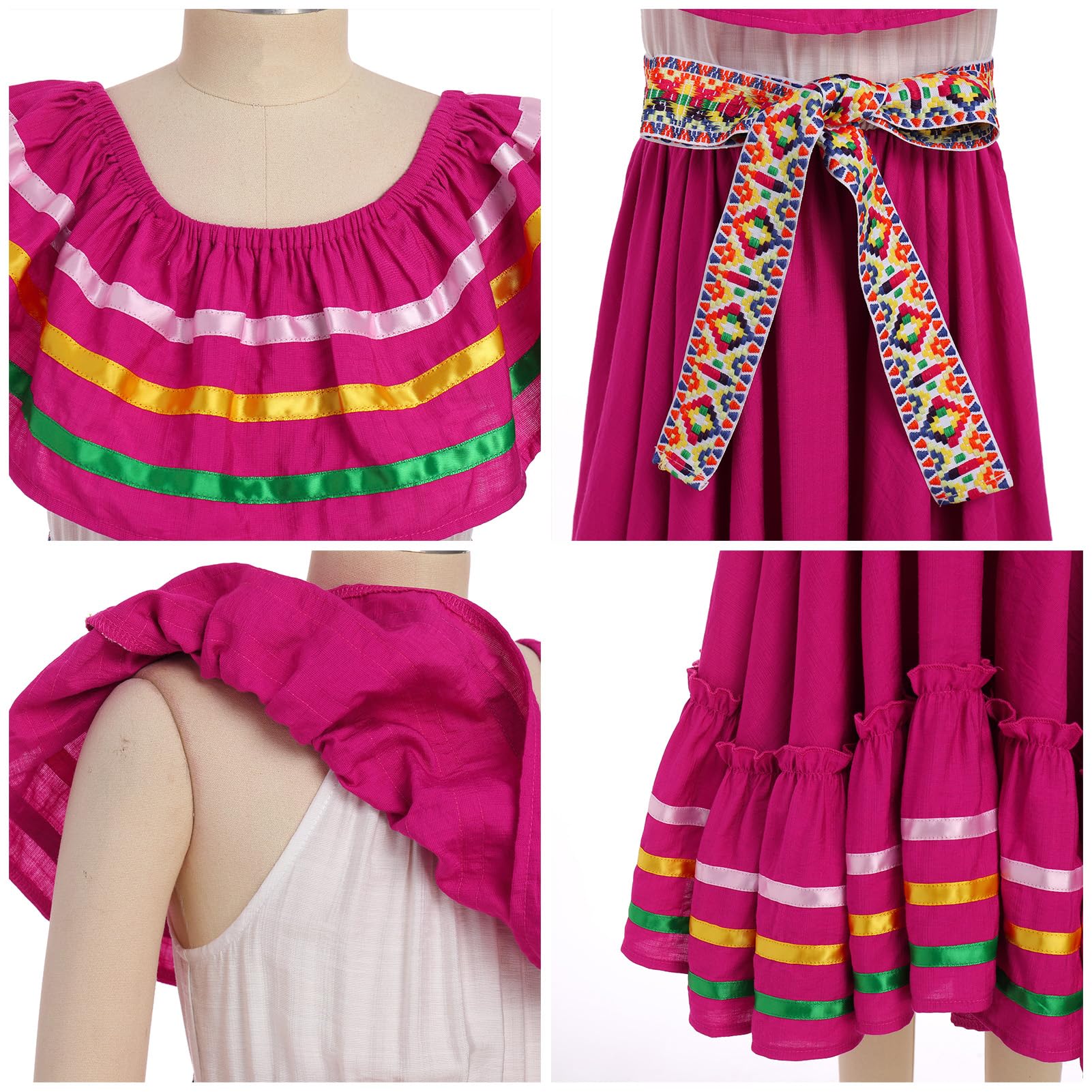 OMEWEE Vestido tradicional mexicano para niñas con cinturón, trajes de indios mexicanos, sin mangas, con volantes, vestido de fiesta cultural mexicana
