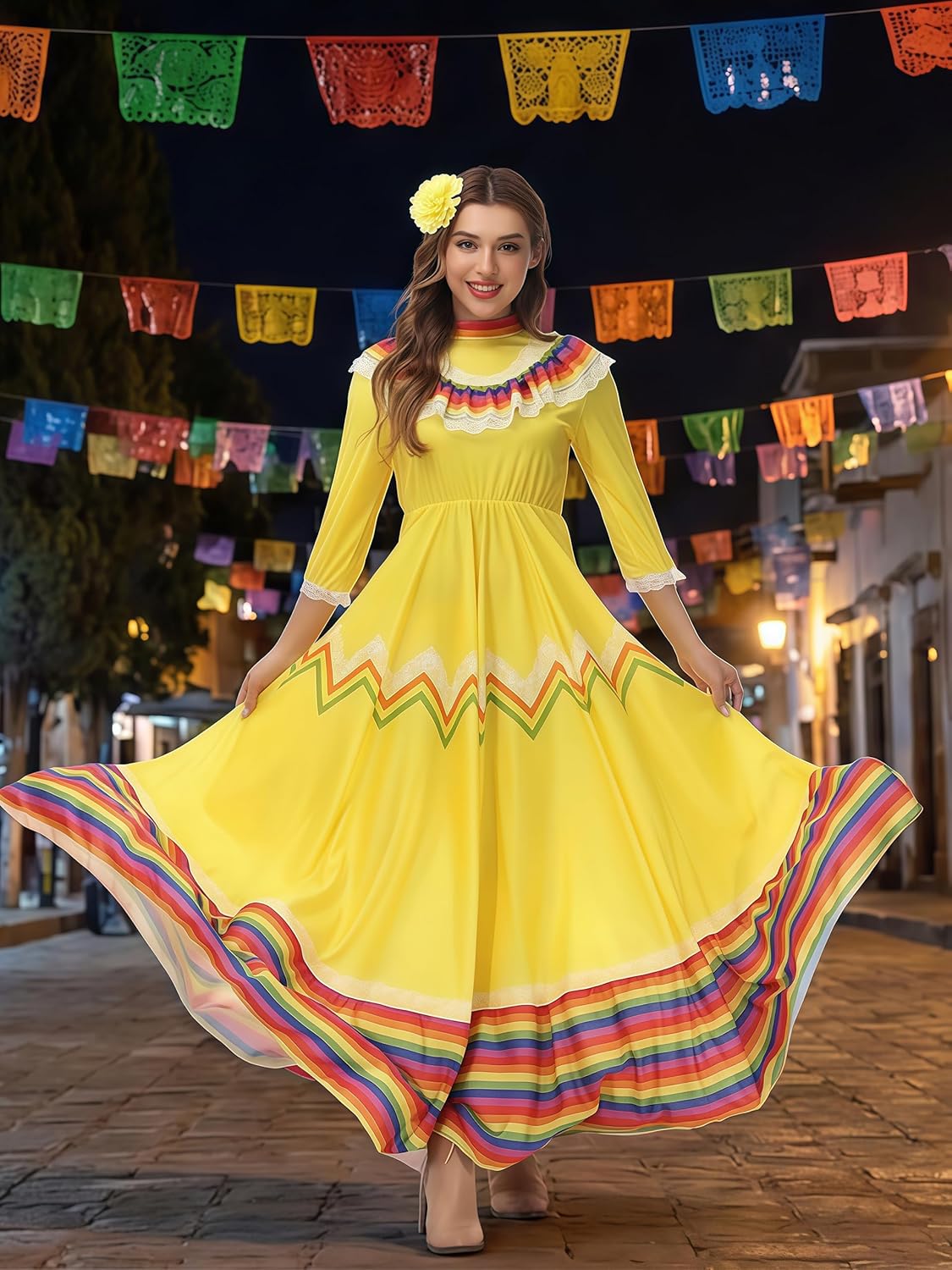 Women's Mexican Folklorico Dress Cinco De Mayo Traditional Lace Flower Senorita Dress Day of the Dead Costume - Image 5