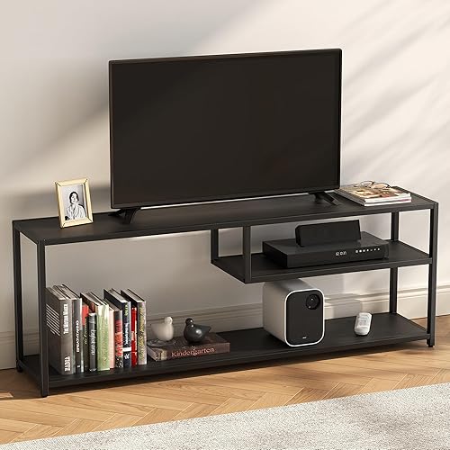 TECHMILLY Moderno soporte de TV para TV de 55 pulgadas, mesa de TV con estantes de almacenamiento, centro de entretenimiento con marco de metal,