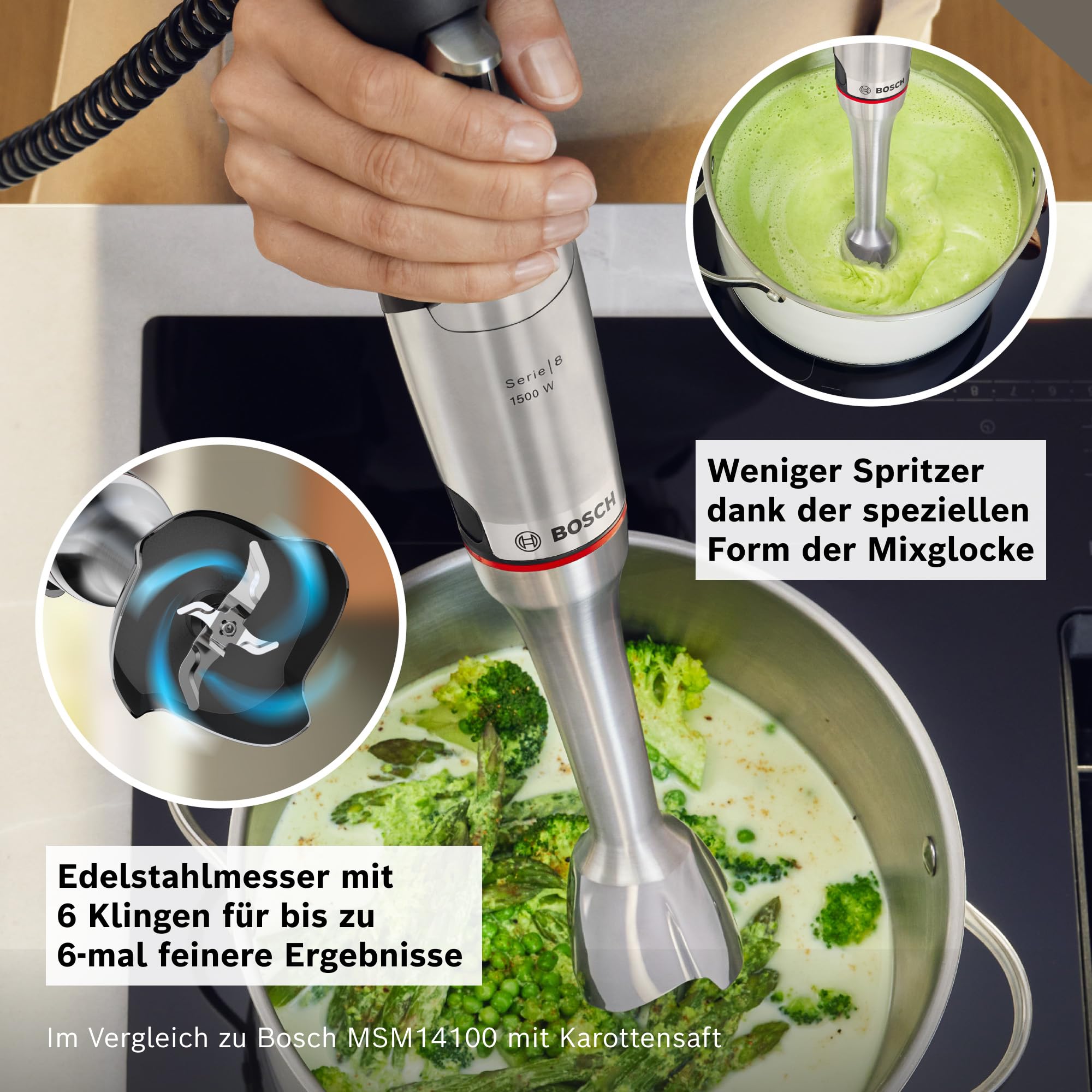 Bosch Stabmixer, Mixbecher, Universalzerkleinerer, Edelstahl Klingen, spülmaschinenfest, Spiralkabel, 1500 Watt, ErgoMaster Serie 8 MSM8M930
