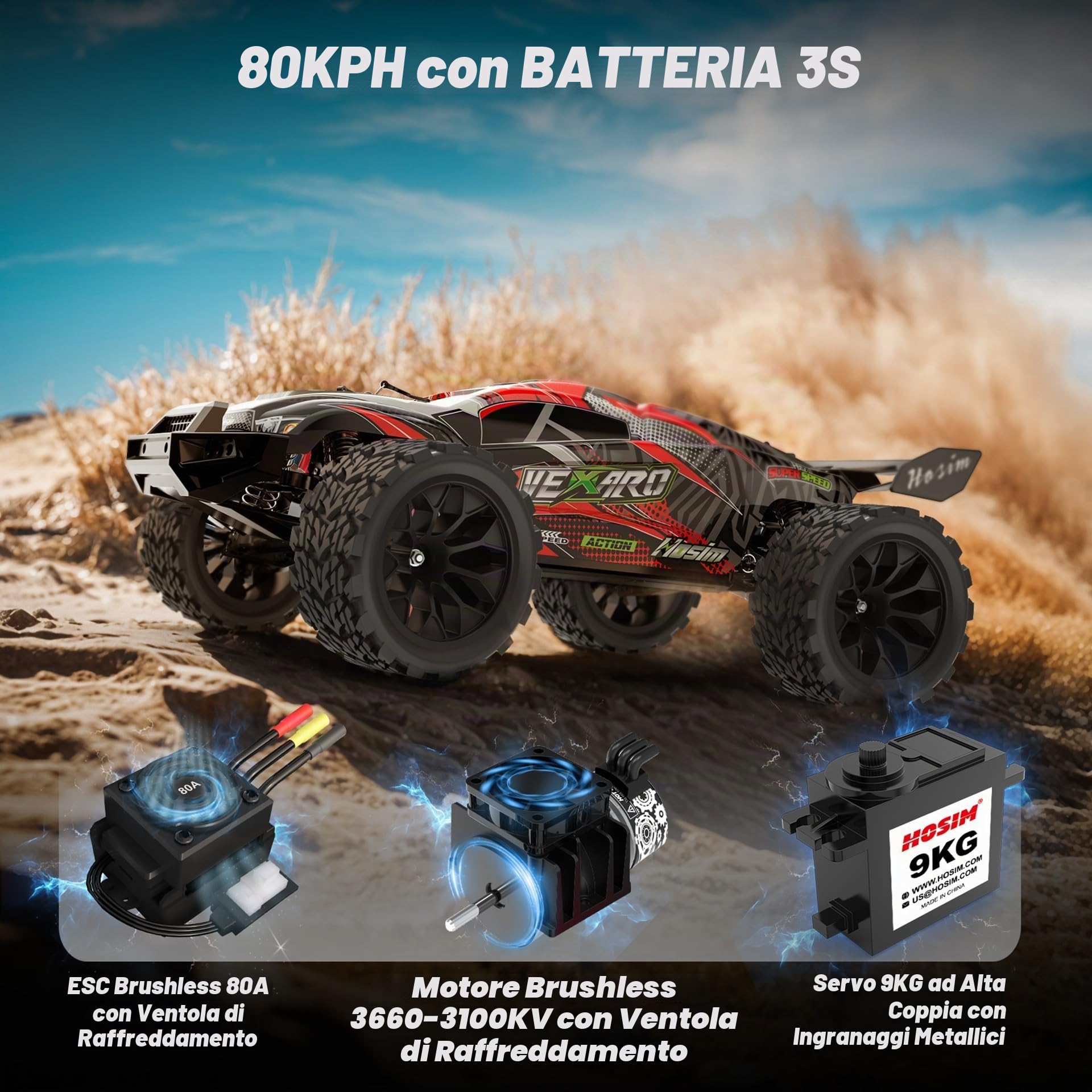 Hosim Auto telecomandata a partire dai 14 anni, 1:8, senza spazzole, 70+ km/h, alta velocità, 4 x 4, fuoristrada, impermeabile, grande auto RC per adulti, Truggy 40+ minuti con 2 batterie