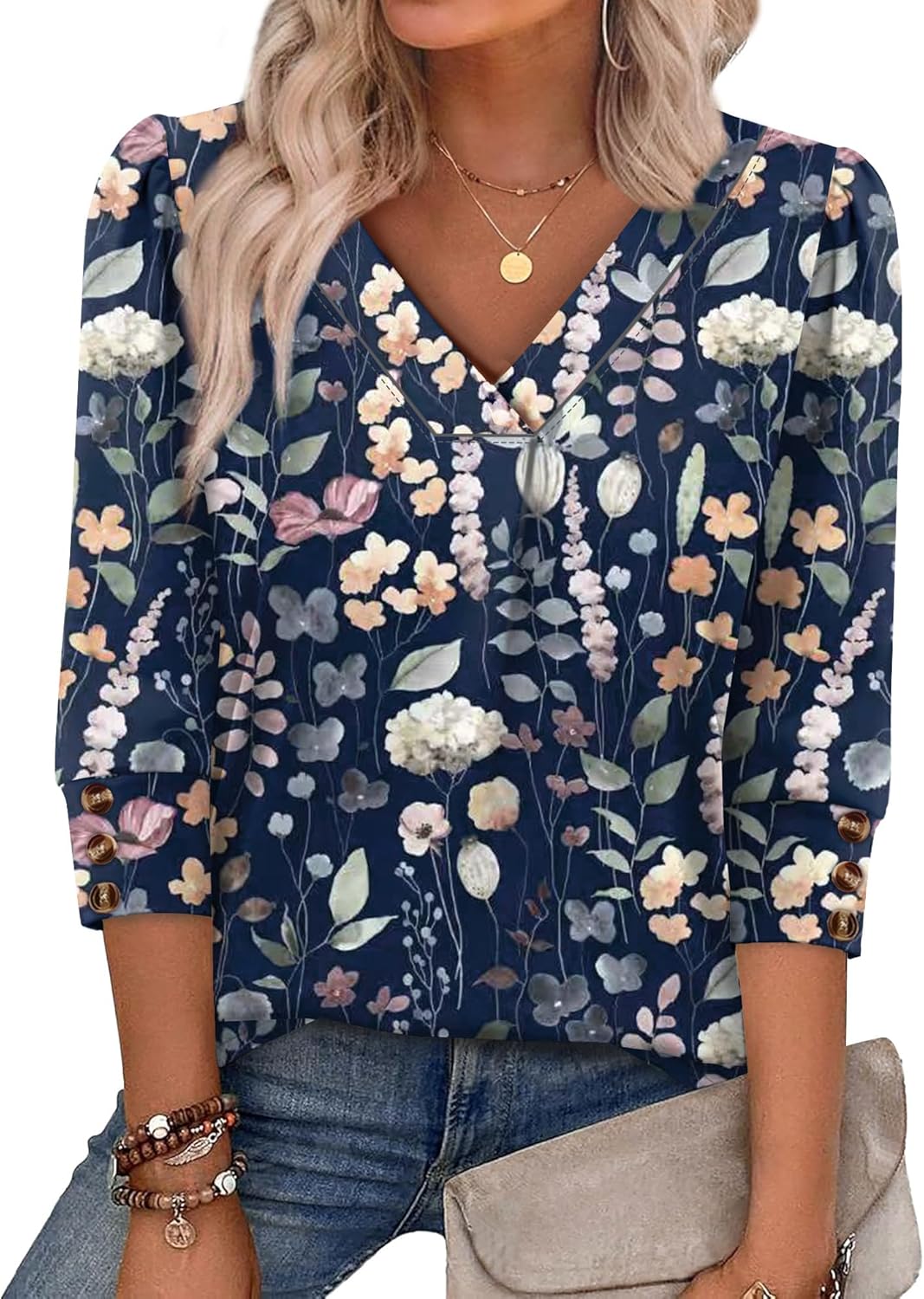 OFEEFAN Womens 3/4 Sleeve Tops with Buttons V Neck Summer Outfits Dressy Casual Blouses for Women Fashion Clothes