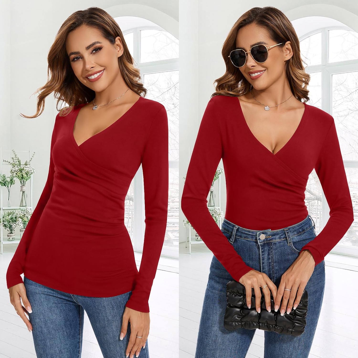 Women's Deep V Neck Wrap Tops Thermal Long Sleeve Shirts Sexy Fitted Tops Winter Fleece Lined Tunic Tops Warm Ruched Top - Image 2