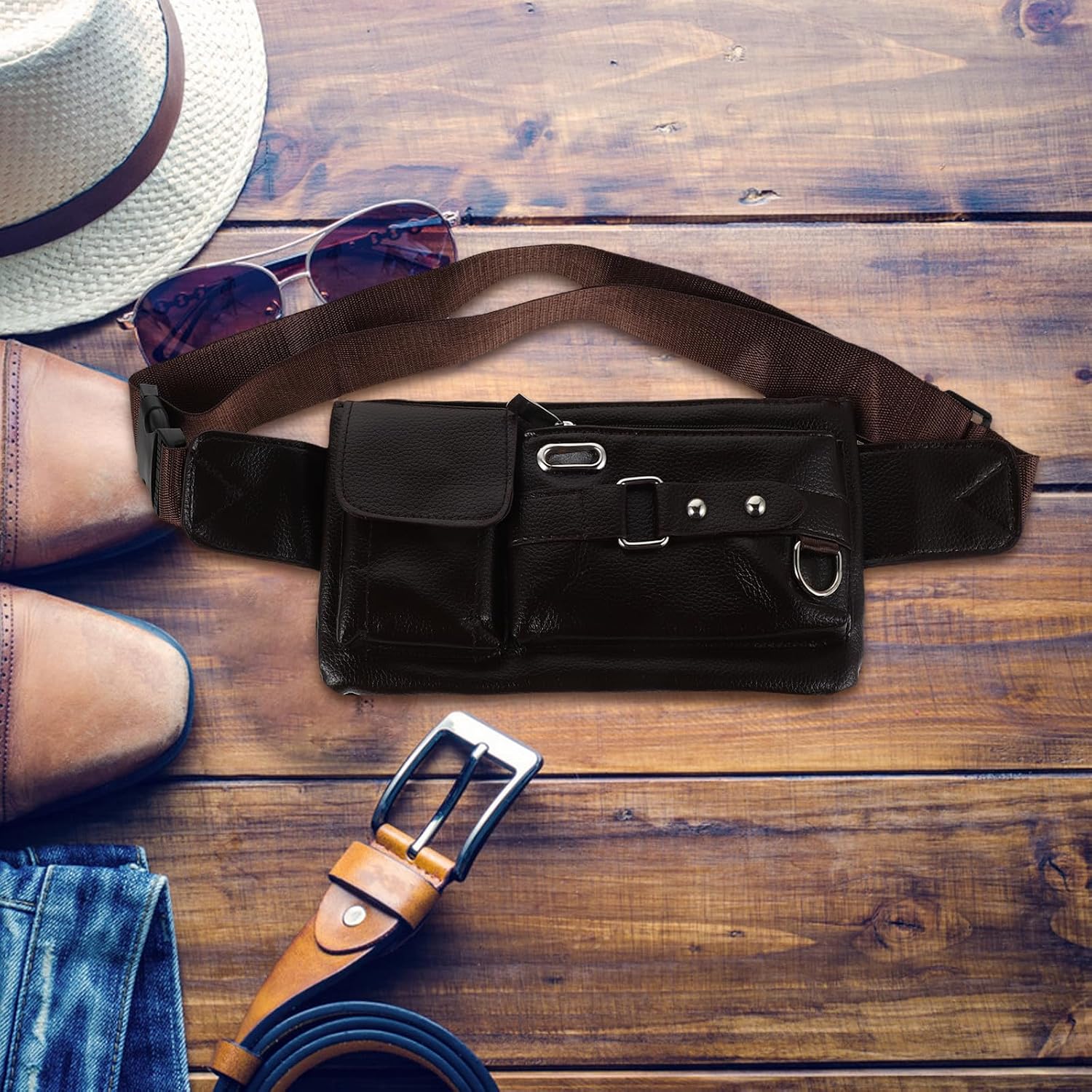 Retro Men's Sports Waist Bag Pu Brown Adjustable Outdoor Pack image 5