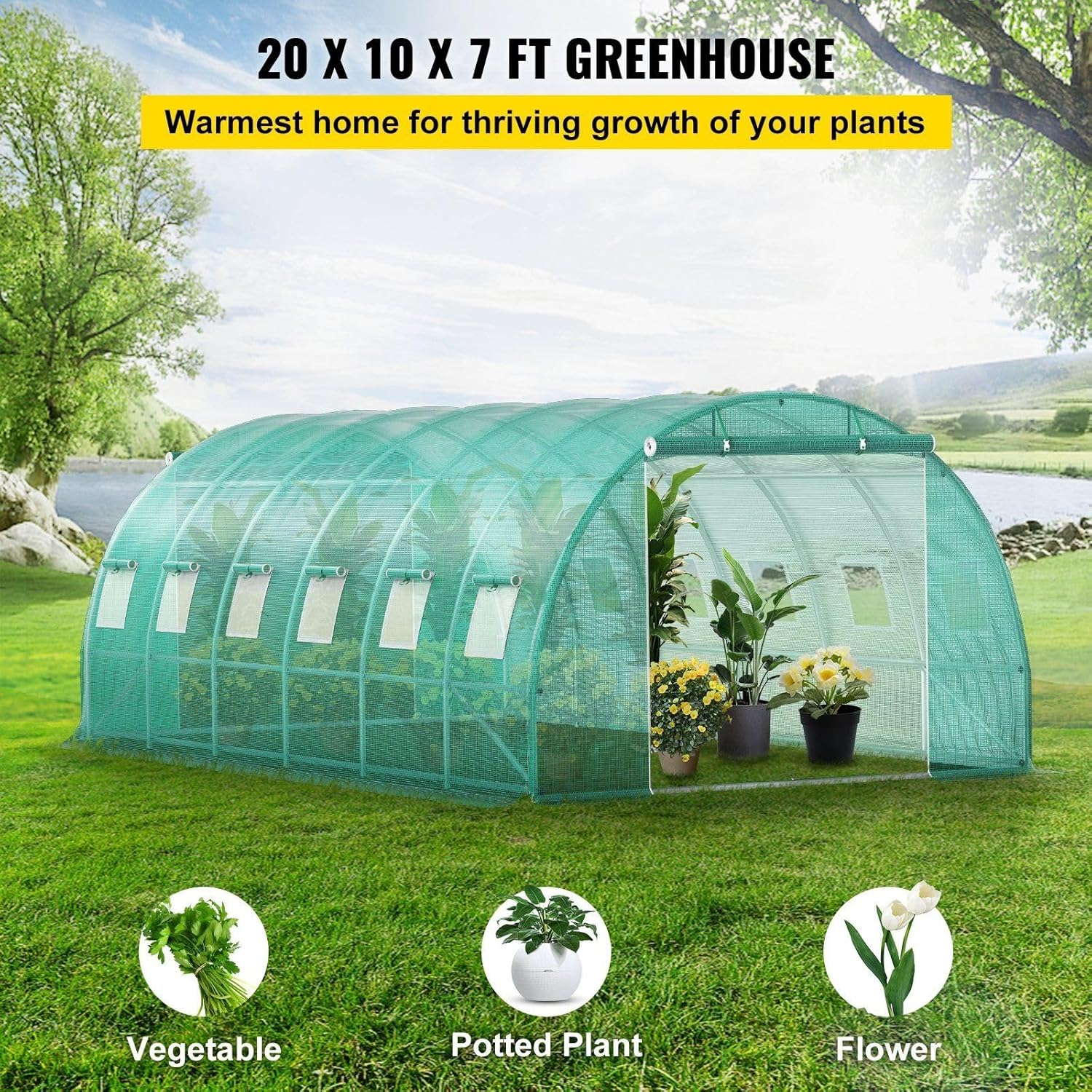 Portable Walk-in Greenhouse, 20 x 10 x 7 ft Tunnel Hoop House with 12 Roll-Up Windows & 2 Zippered Doors, Galvanized Steel Frame with Top Beams for Outdoor Plant Growing
