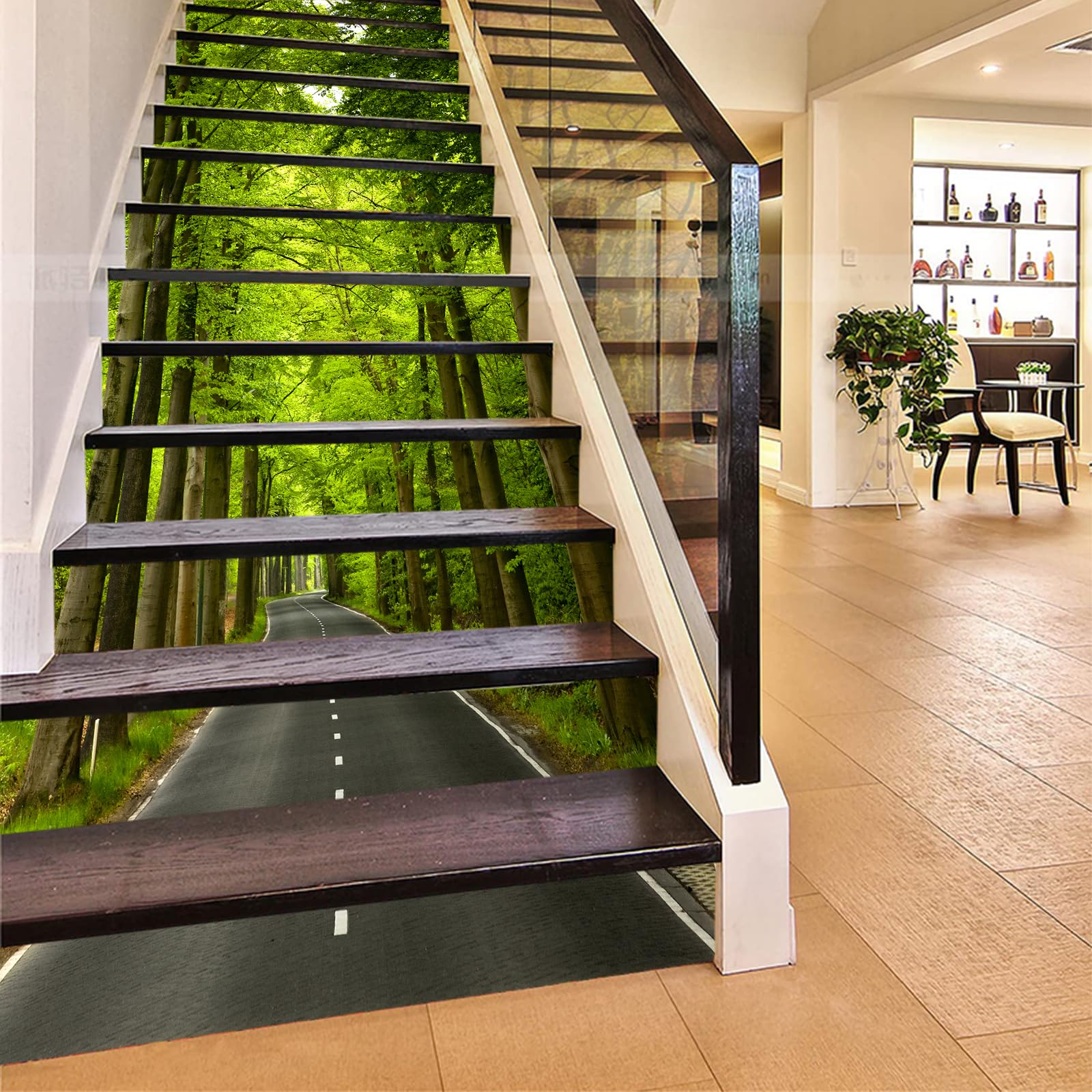 FLFK 13Pcs Stair Risers Stickers Peel and Sick 39.37"x7.08",Self-Adhesive Staircase Stickers Decals, Green Forest Path Mural Wallpaper for Stair Steps