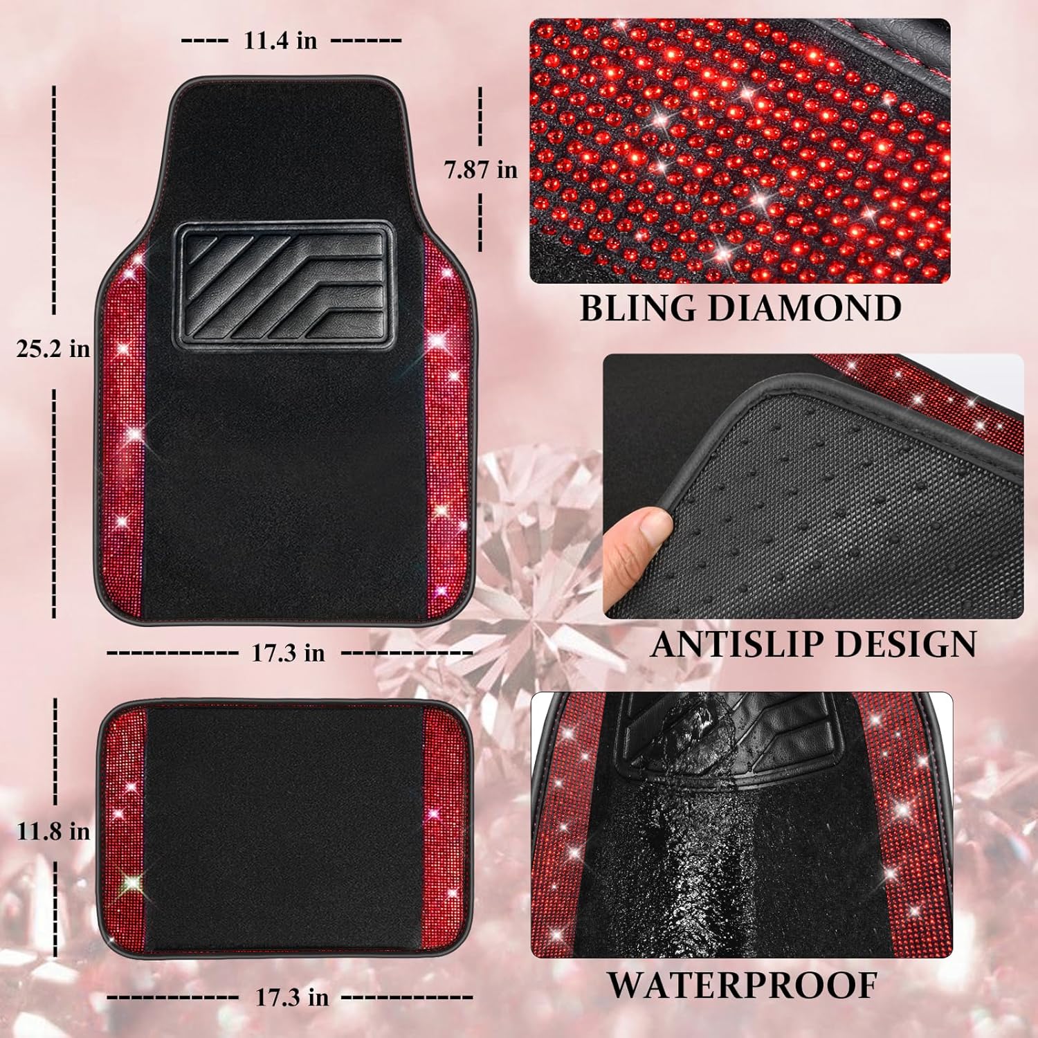 CAR PASS Bling Diamond Leather Steering Wheel Cover 14.5in-15in Floor Mats Shining Rhinestone Carpet Sparkly Glitter Crystal Anti-Slip Pad Fit Automotive SUV Pickup Truck Girl Women, 5pcs Black Red - Image 5
