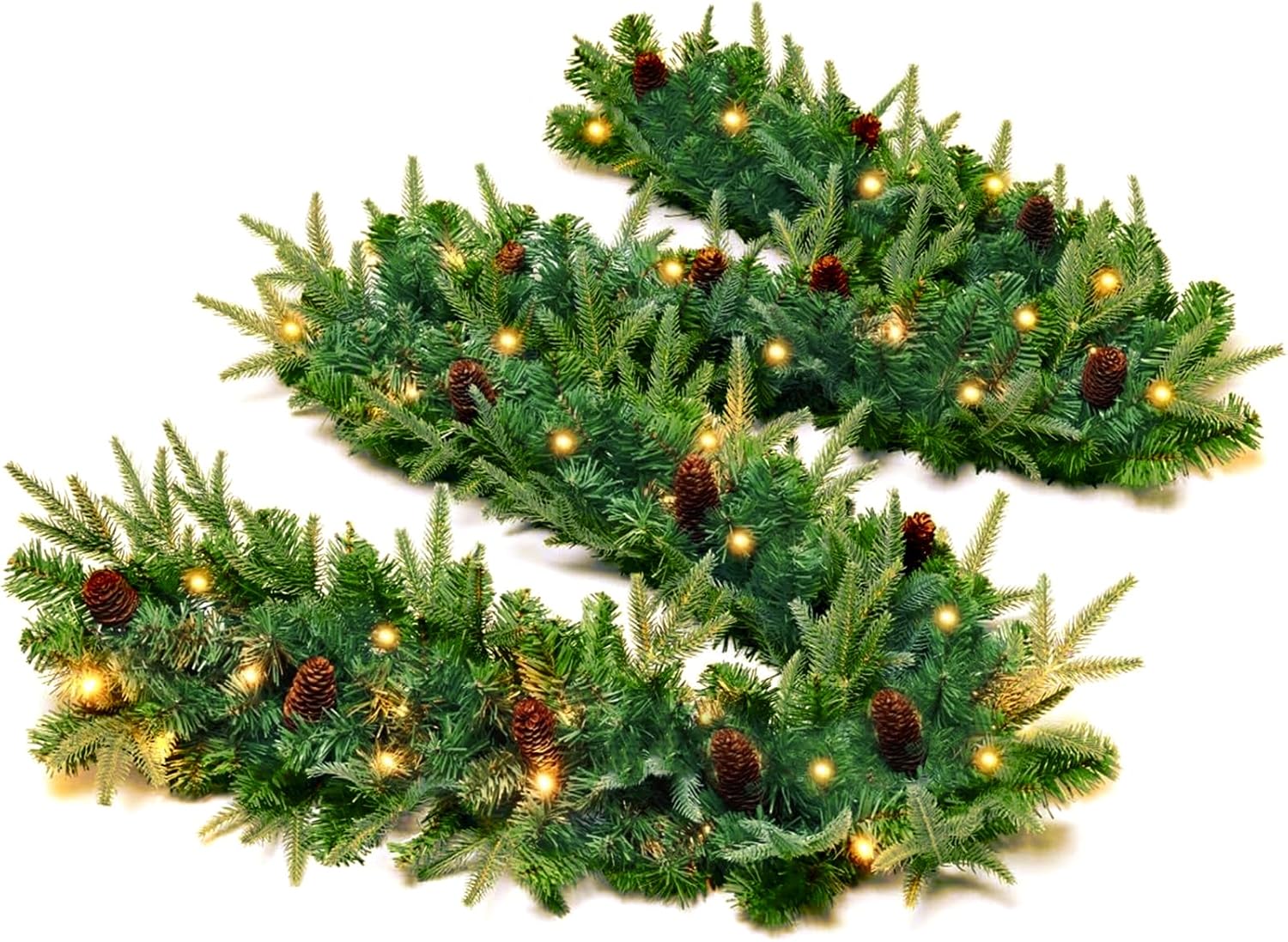 9 FT Christmas Garland with Lights,Christmas Decorations Garland Mixed Pinecones, with Timer, Battery Operated,Christmas Decor Garland for Stairs Indoor Mantle Door Wall Outdoor (Green+Brown)