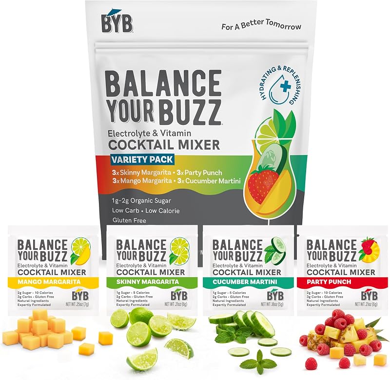 BYB Mixers Variety Pack (12) Organic Cocktail & Mocktail Mixers – Party Punch, Cucumber Mint Martini, Mango Margarita, Skinny Margarita – Infused with Electrolytes & Vitamins, Low Calorie, Low Organic Sugar