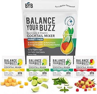 BYB Mixers Variety Pack (12) Organic Cocktail & Mocktail Mixers – Party Punch, Cucumber Mint Martini, Mango Margarita, Skinny Margarita – Infused with Electrolytes & Vitamins, Low Calorie, Low Organic Sugar