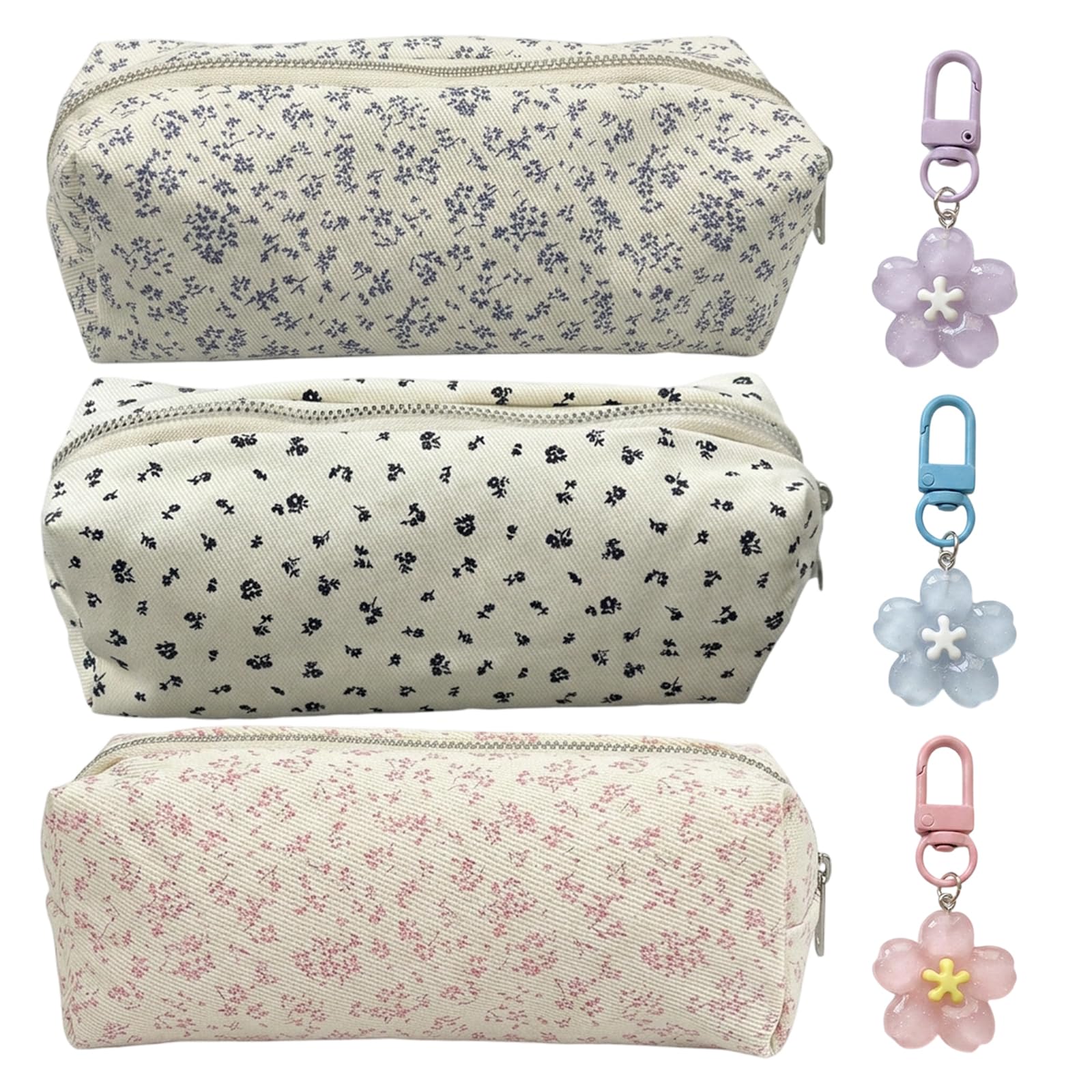 3 Pcs Floral Pencil Case, Small Fabric Pencil Cases For Organisation, Cute Pink Pencii Case With Attached Floral Charms, Pencil Case For Girls, Compact Stationery Storage Solution For Daily Use
