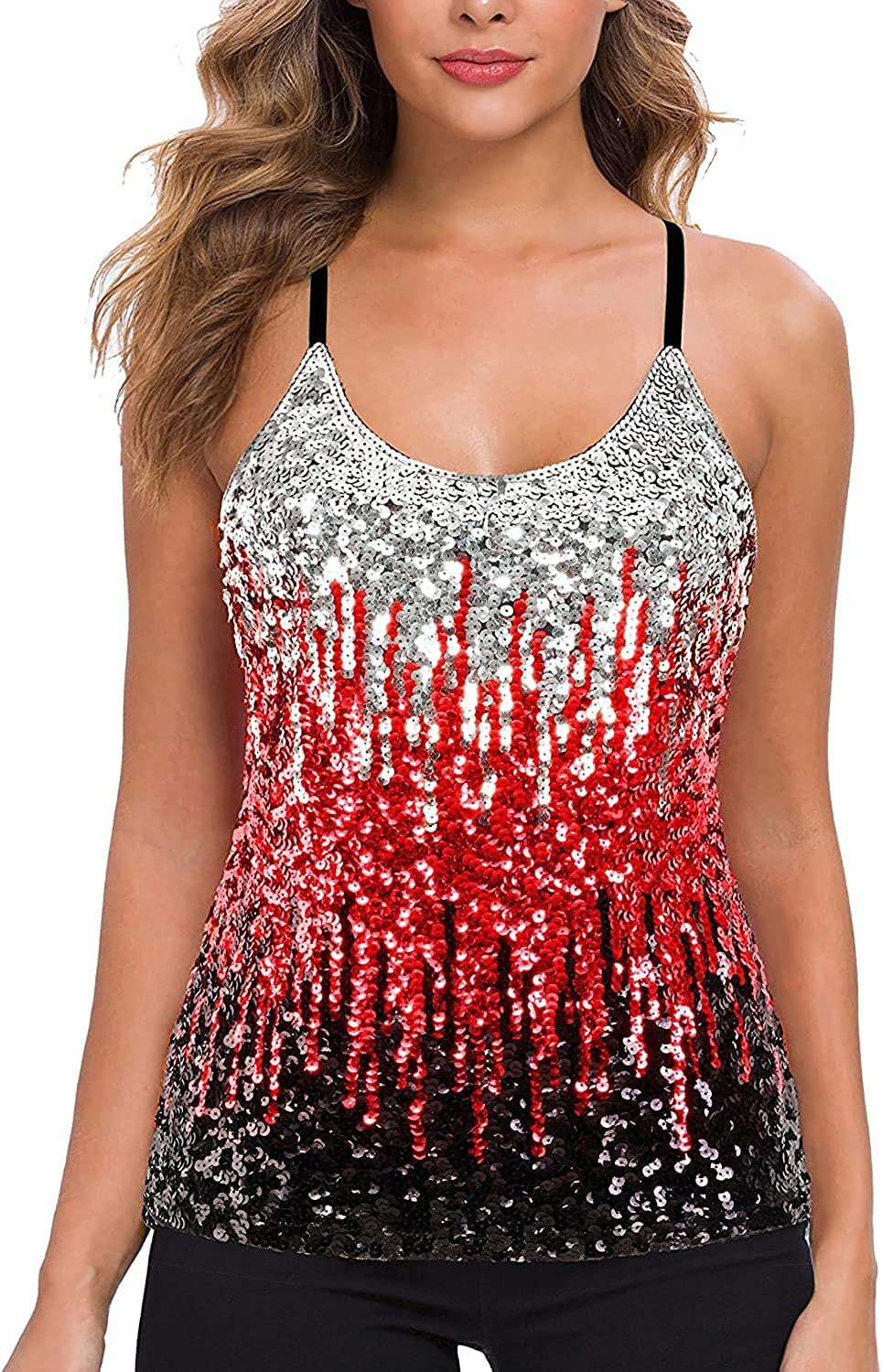 Women's Sequin Tops Glitter Tops Sparkle Party Vest Sleeveless Tunic Vest Women's Sequin Tank Top (Red, XXL)