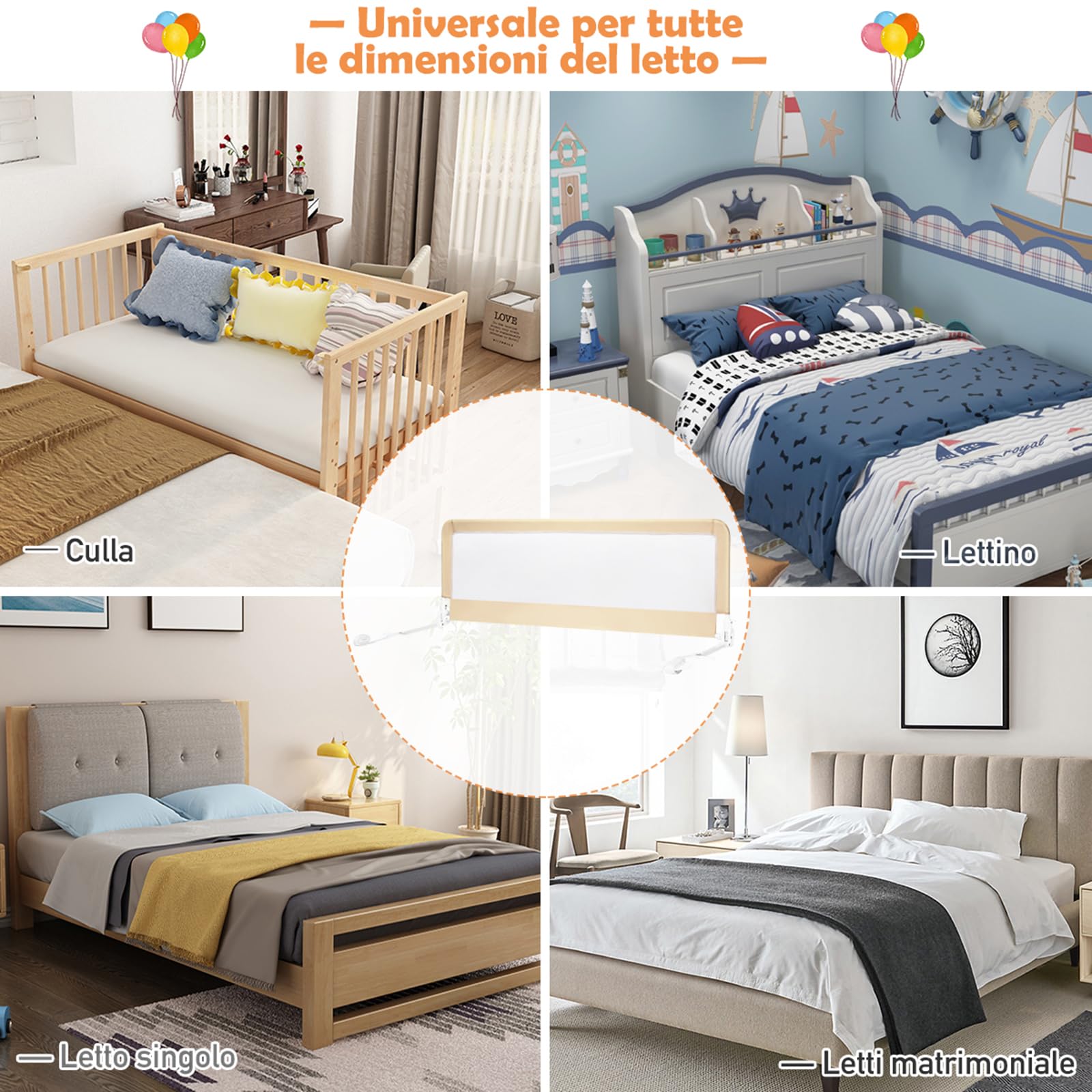 COSTWAY 150 cm Sponda da Letto per Bambini, Barra Protettiva Pieghevole per Letto con Copertura Removibile, Rete Traspirante, Barriera Universale Abbattibile, 150 x 55 cm (Beige)