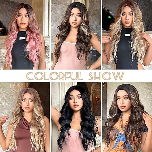 Miniatura 5 de Peluca larga rubia para mujer, 26 pulgadas, peluca rubia ombré, peluca ondulada rubia media, pelucas de fibra sintética resistente al calor