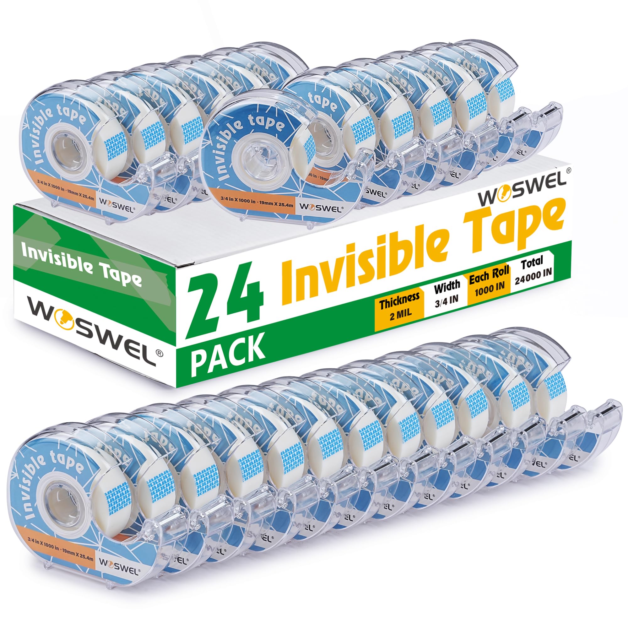WOSWEL Tape Refills with Dispenser, 24 Roll Invisible Tapes, 3/4 Inch X 1000 in, Gift Wrapping Tapes Supplier for Home School Office Use