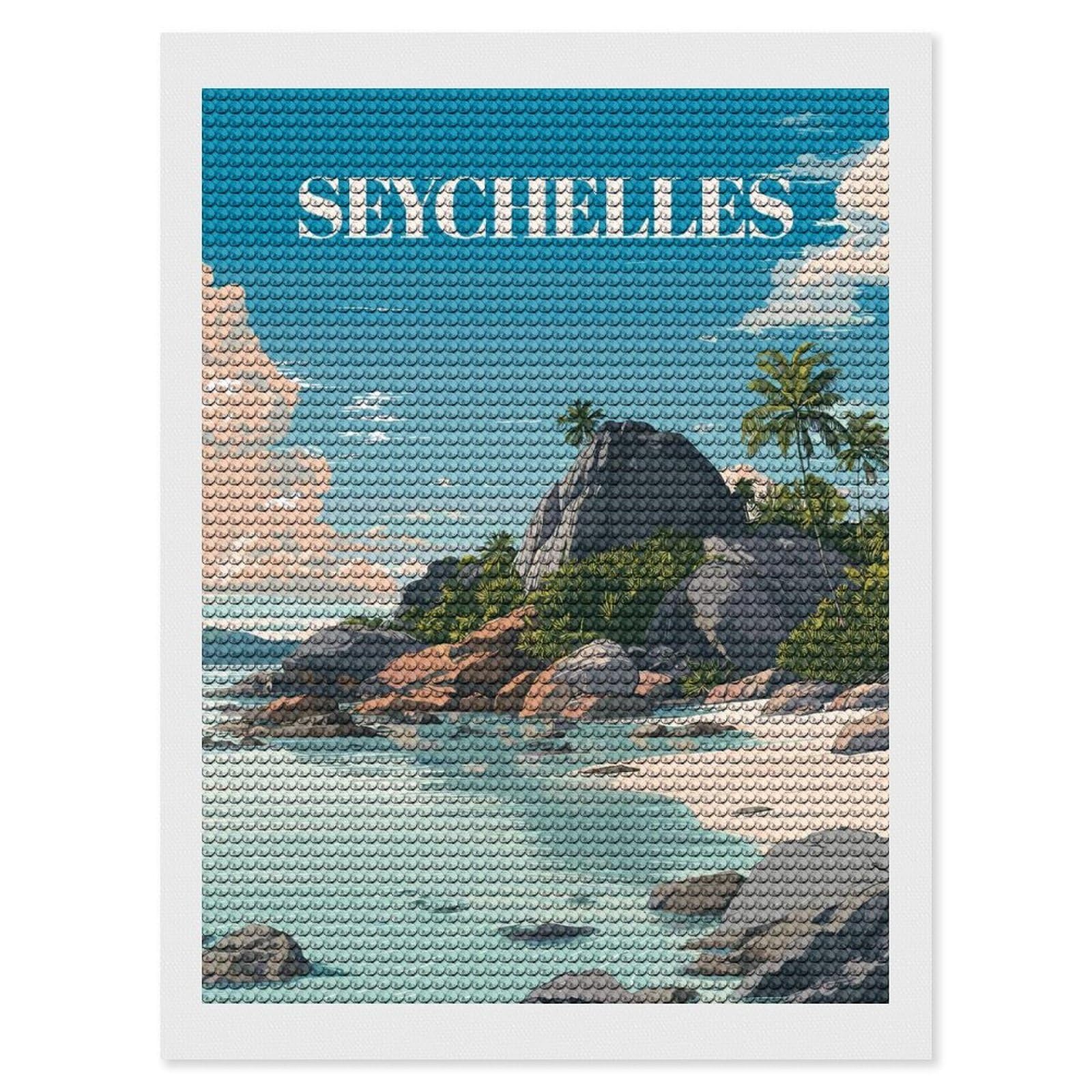 Junmoney Seychelles Beach Travel Diamond Art Kit 12"x16", for Beginners, Vintage Style Decor, Good for Quiet Evenings, Festive Craft Gift