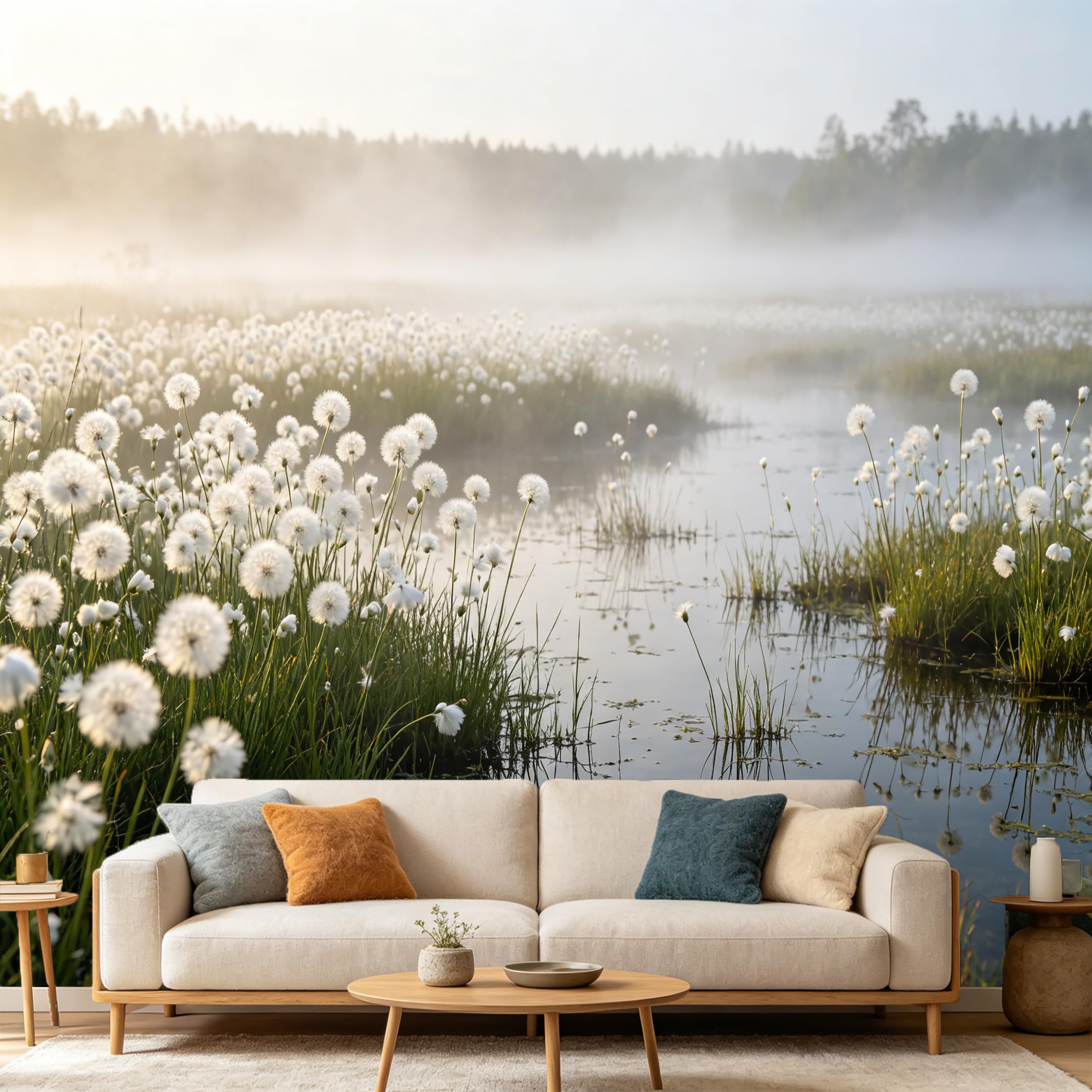 Custom Size Wall Mural Misty Wetland Landscape White Fluffy Flowers Lake Morning Fog SelfAdhesive Art Prints wall Fabric（No PVC） Removable Wallpaper Home Bedroom Decor