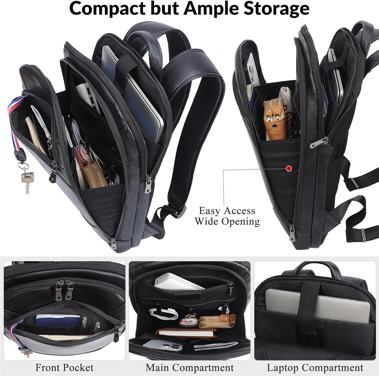 Masa Kawa Genuine Leather Backpack For Men & Women Fits 16”Laptop Computer, Black Waterproof Slim Thin Business Work Casual Daypack - Image 6