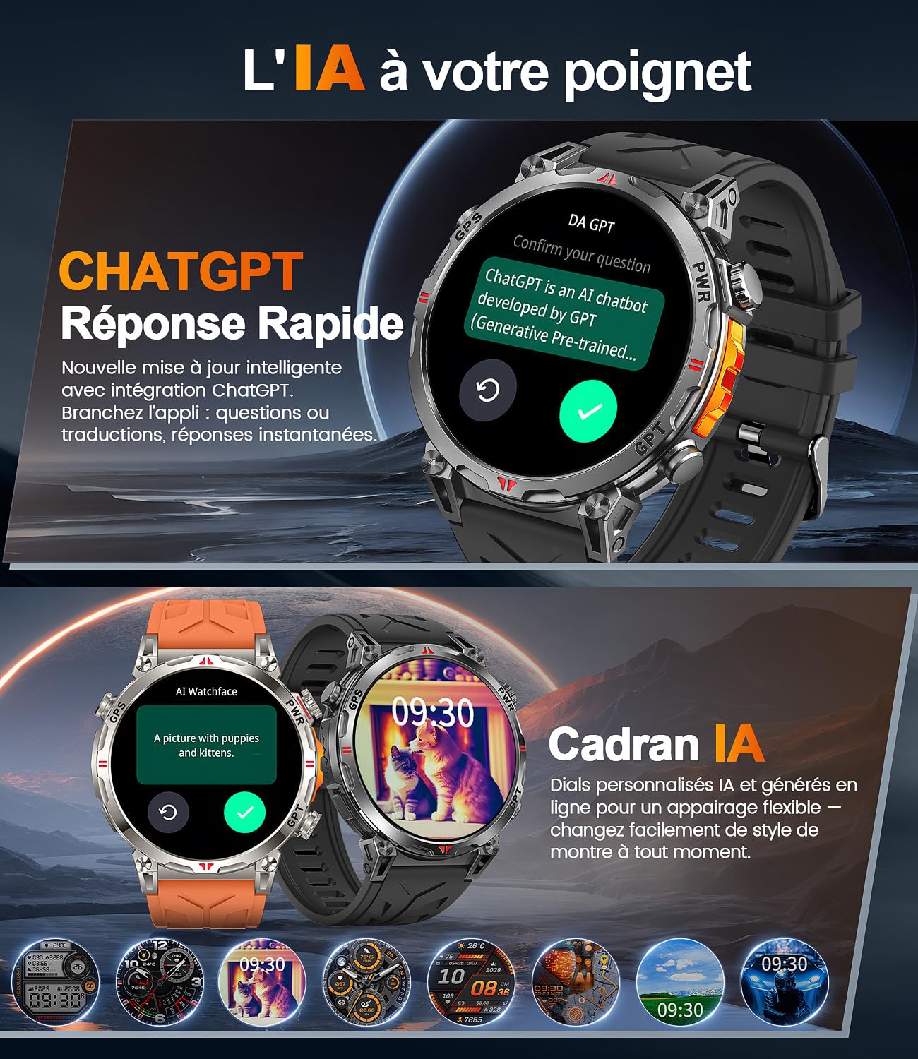 Montre Connectée Homme GPS intégré, AMOLED Appel Bluetooth, Montre Connectée pour Android et iPhone, 100+ Modes Sportifs, 3ATM étanche Montre Sport Homme avec Boussole (1.6)