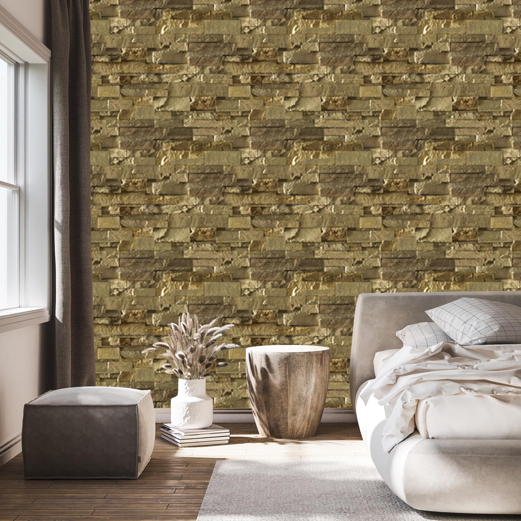 Decoración de Pared, Ladrillos de piedra con efecto 3D, 50 x 1000 cm