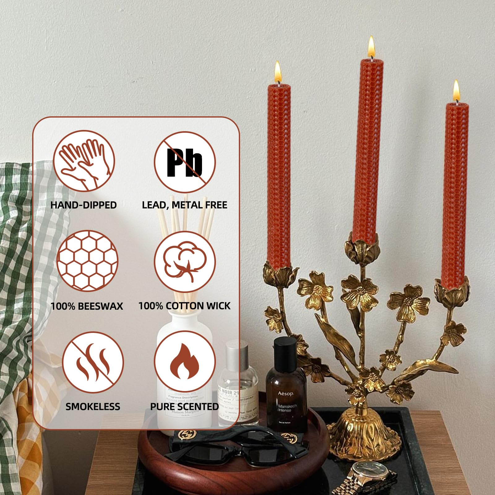 KONNI Brown Beeswax Taper Candles, 0.87 inch x 7.87 inch Hand-Rolled, Unscented, Smokeless Beeswax, Long Burning Time, Flat Top (Pack of 3), for Weddings, Dinner Parties, Spas, and Home Decor