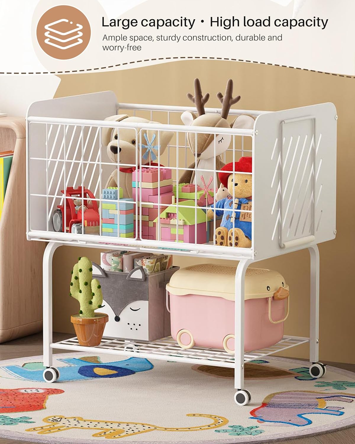 2-Tier Wire Laundry Hamper with Wheels, Large Capacity Laundry Cart with Pull Handle & 2 Locking Wheels for Bathroom, Laundry Room, Bedroom-White