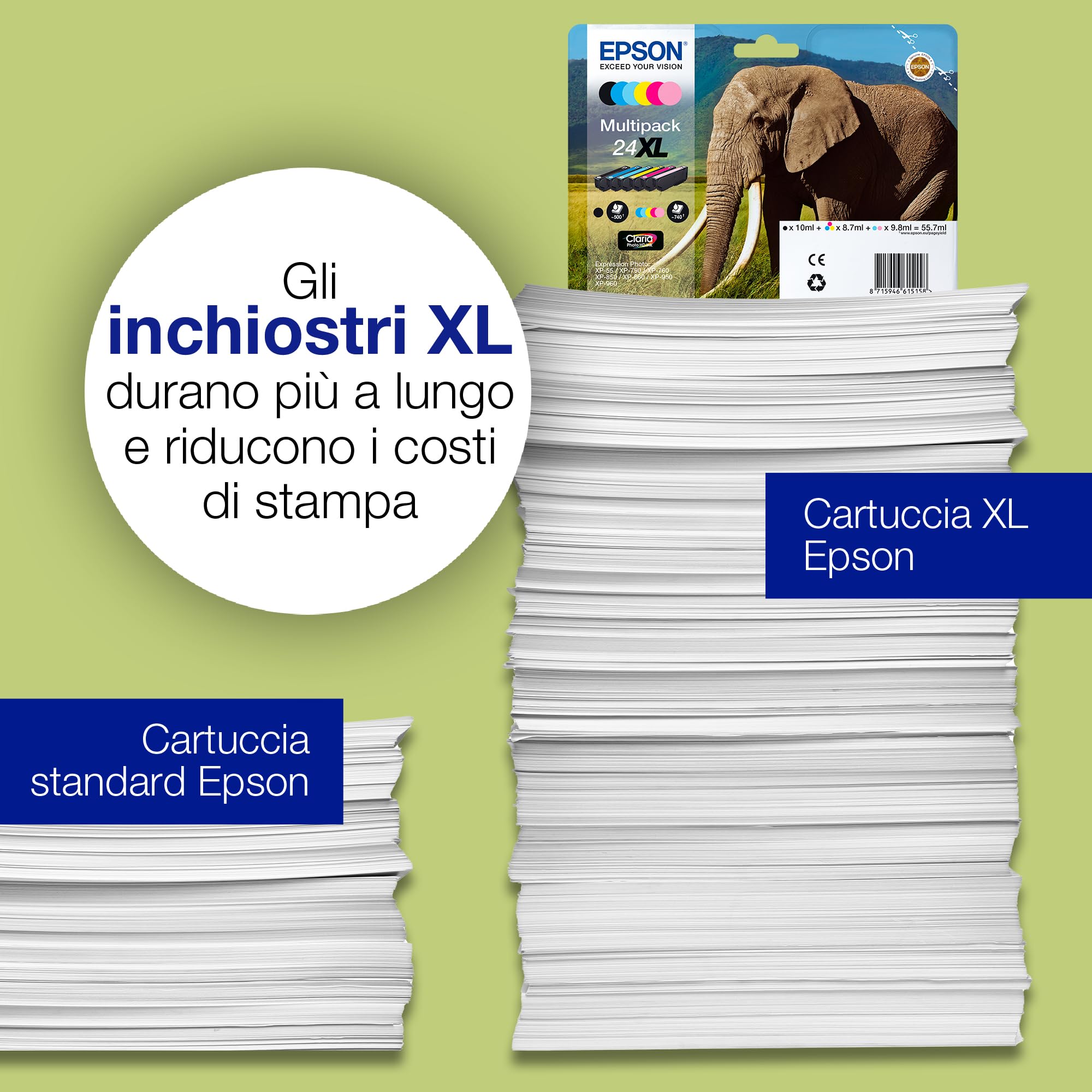 Epson 24 Serie Elefante,Cartucce originali stampante getto dinchiostro Claria Photo HD,Formato Standard,Multipack 6 ColoriNero,Ciano,Magenta,Giallo,Azzurro,Rosa,Confezione EasyMail Eco-compatibile
