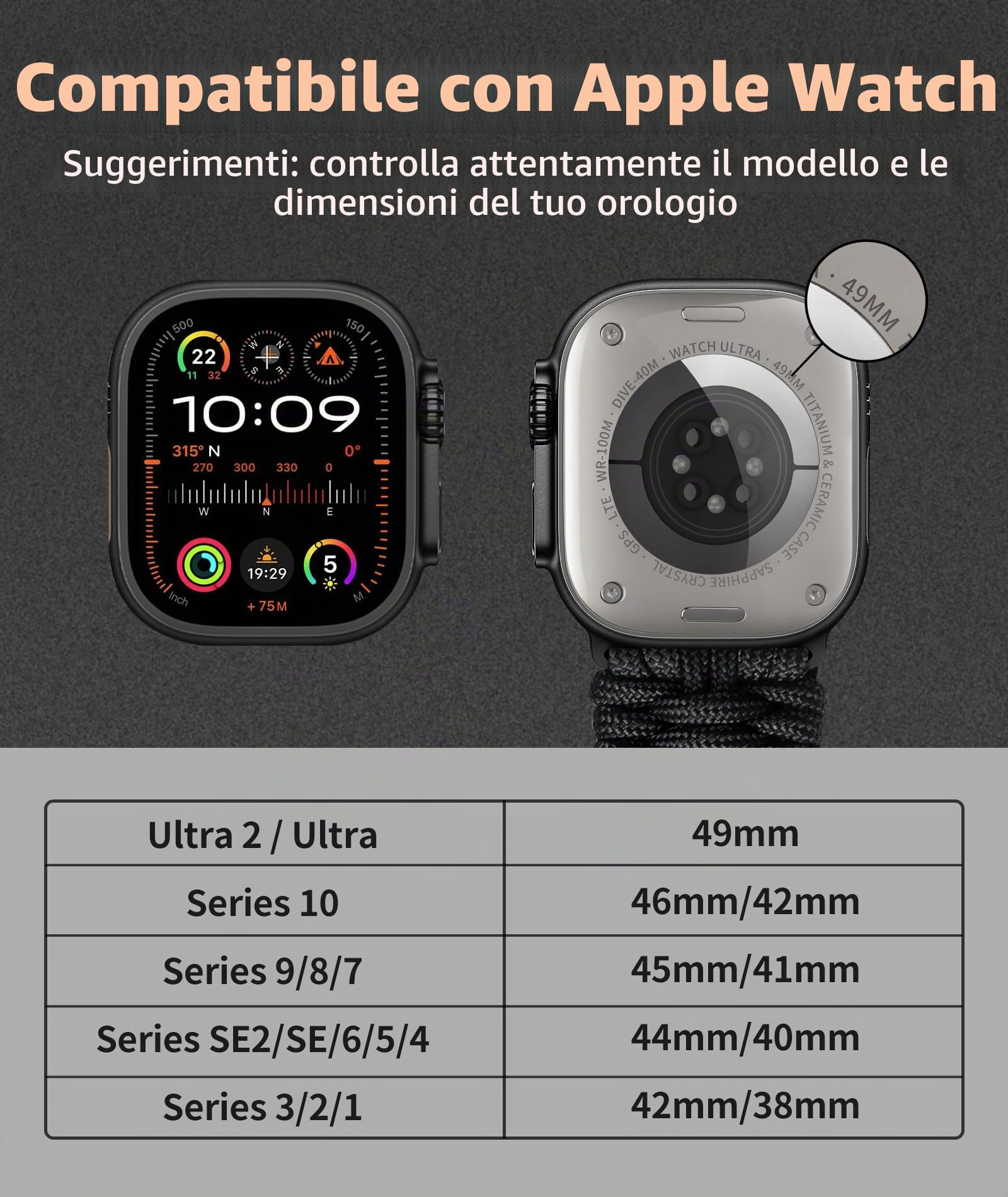 BINLUN Compatibile con Apple Watch Cinturino 49mm 46mm 45mm 44mm 42mm 41mm 40mm 38mm Cinturini Sportivo Intrecciato 550 Paracord Acciaio Compatibile con iWatch Ultra Series 11/10/9/8/7/SE/6/5/4/3/2/1